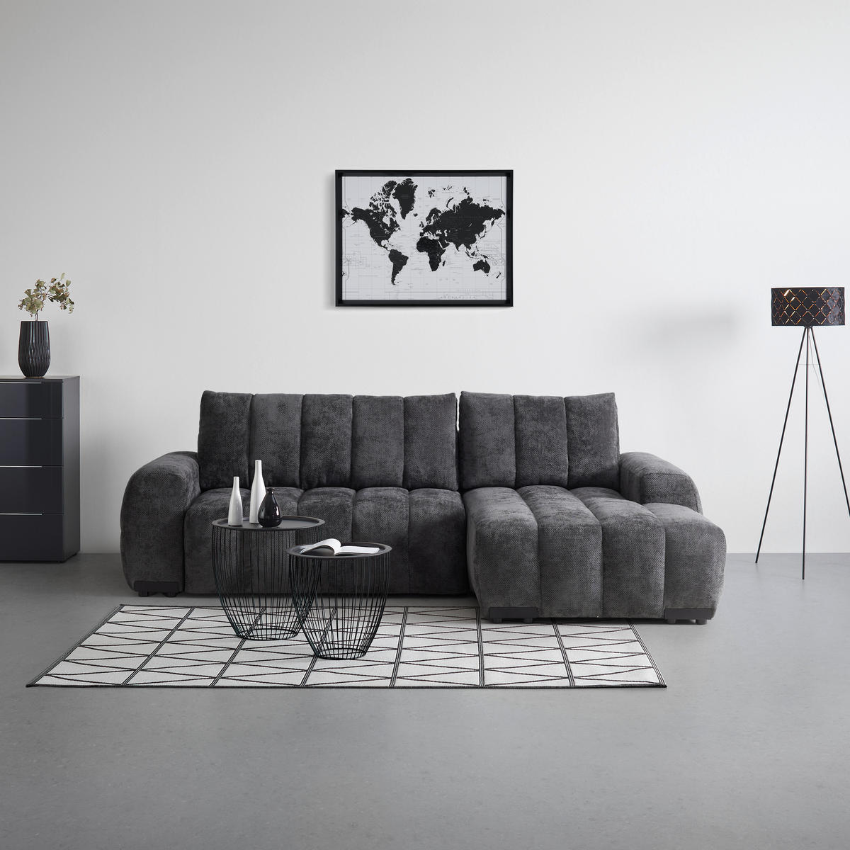 ECKSOFA Flachgewebe Graphitfarben  - Schwarz Hochglanz/Graphitfarben, Modern, Textil/Metall (273/93/166cm) - MID.YOU