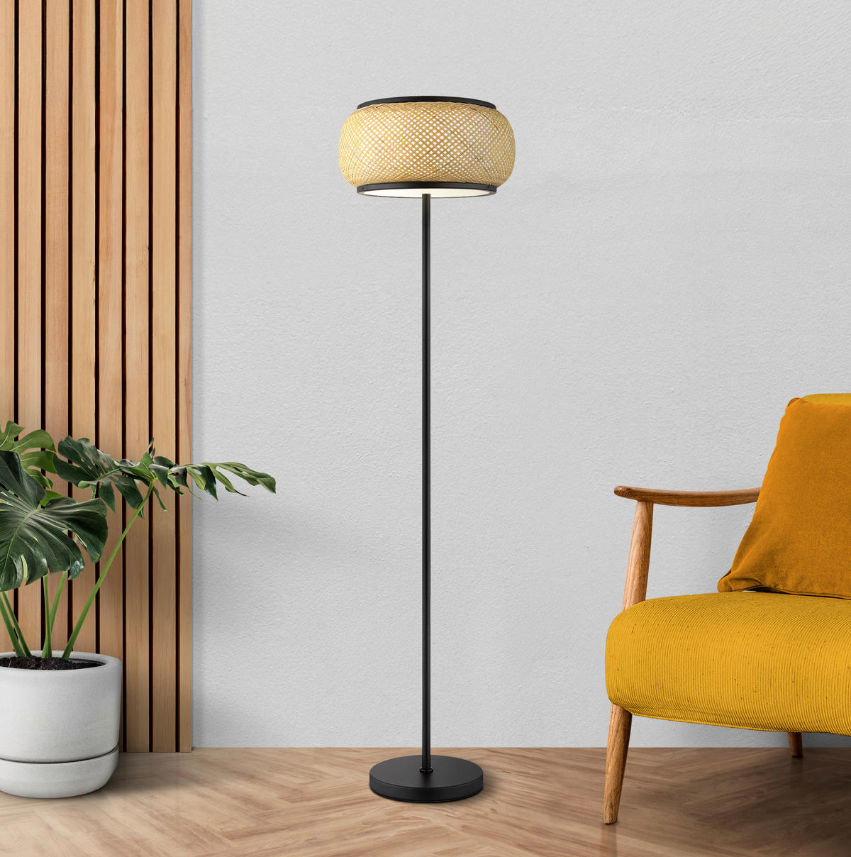 LED-STEHLEUCHTE 38/146,1 cm    - Schwarz/Naturfarben, Design, Holz/Kunststoff (38/146,1cm) - Globo