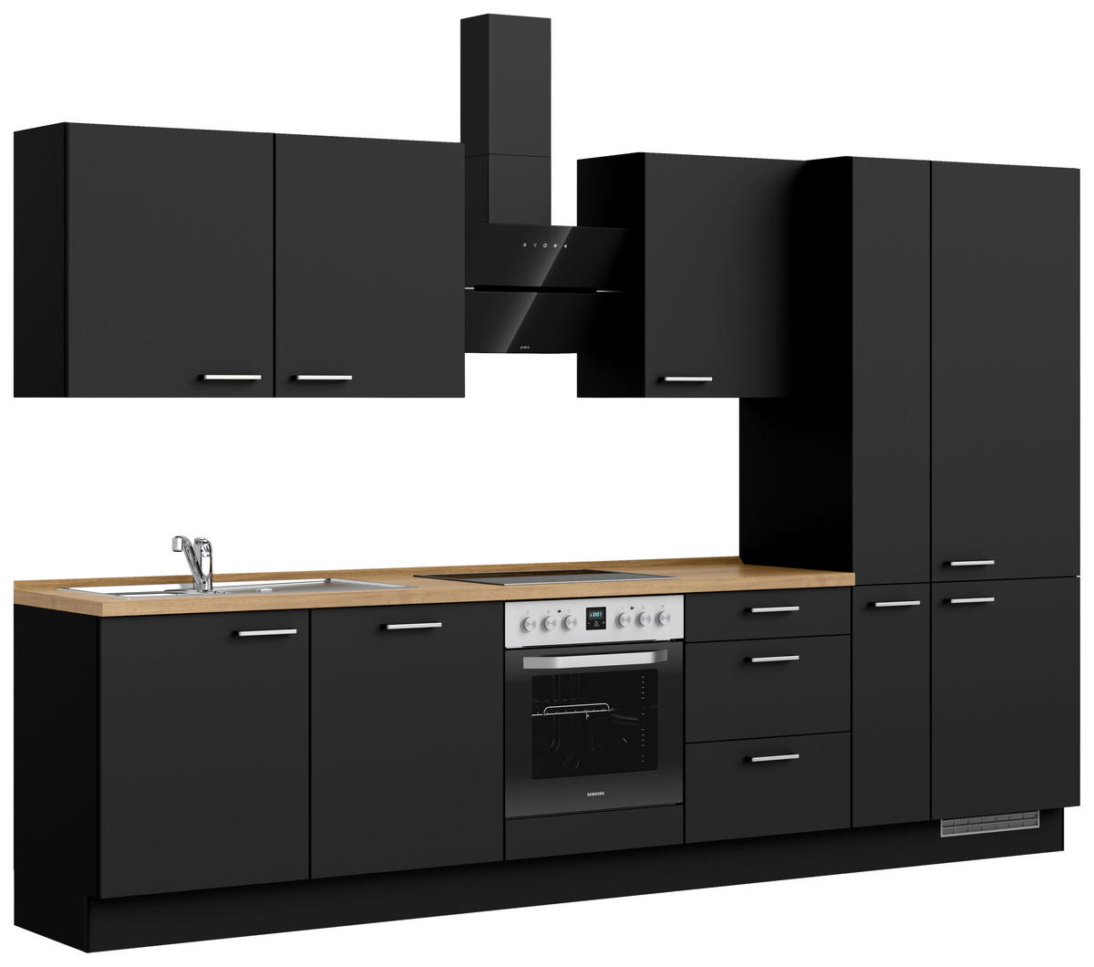 KÜCHENBLOCK 330 cm   in Schwarz, Eichefarben  - Edelstahlfarben/Eichefarben, MODERN, Holzwerkstoff/Metall (330cm) - Nobilia