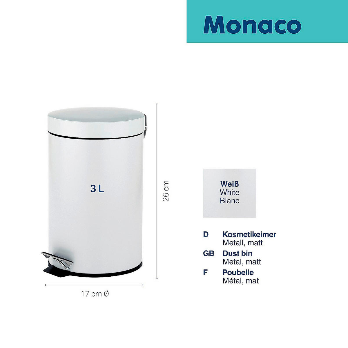 KOSMETIKEIMER MONACO 3 L  - Schwarz/Weiß, Basics, Kunststoff/Metall (17/26cm) - Kela
