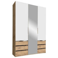 DREHTÜRENSCHRANK 150/216/58 cm,  in Weiß, Eichefarben, Silberfarben, 3-türig  - Chromfarben/Plankeneiche, MODERN, Glas/Holzwerkstoff (150/216/58cm) - MID.YOU