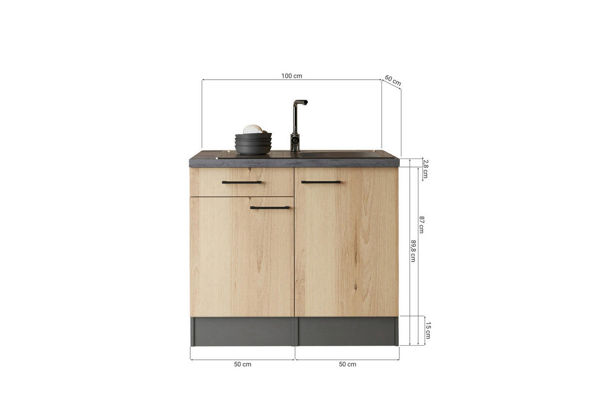 MINIKÖK 100 cm   i grå, ek Artisan  - svart/grå, Trend, metall/trämaterial (100cm) - Respekta