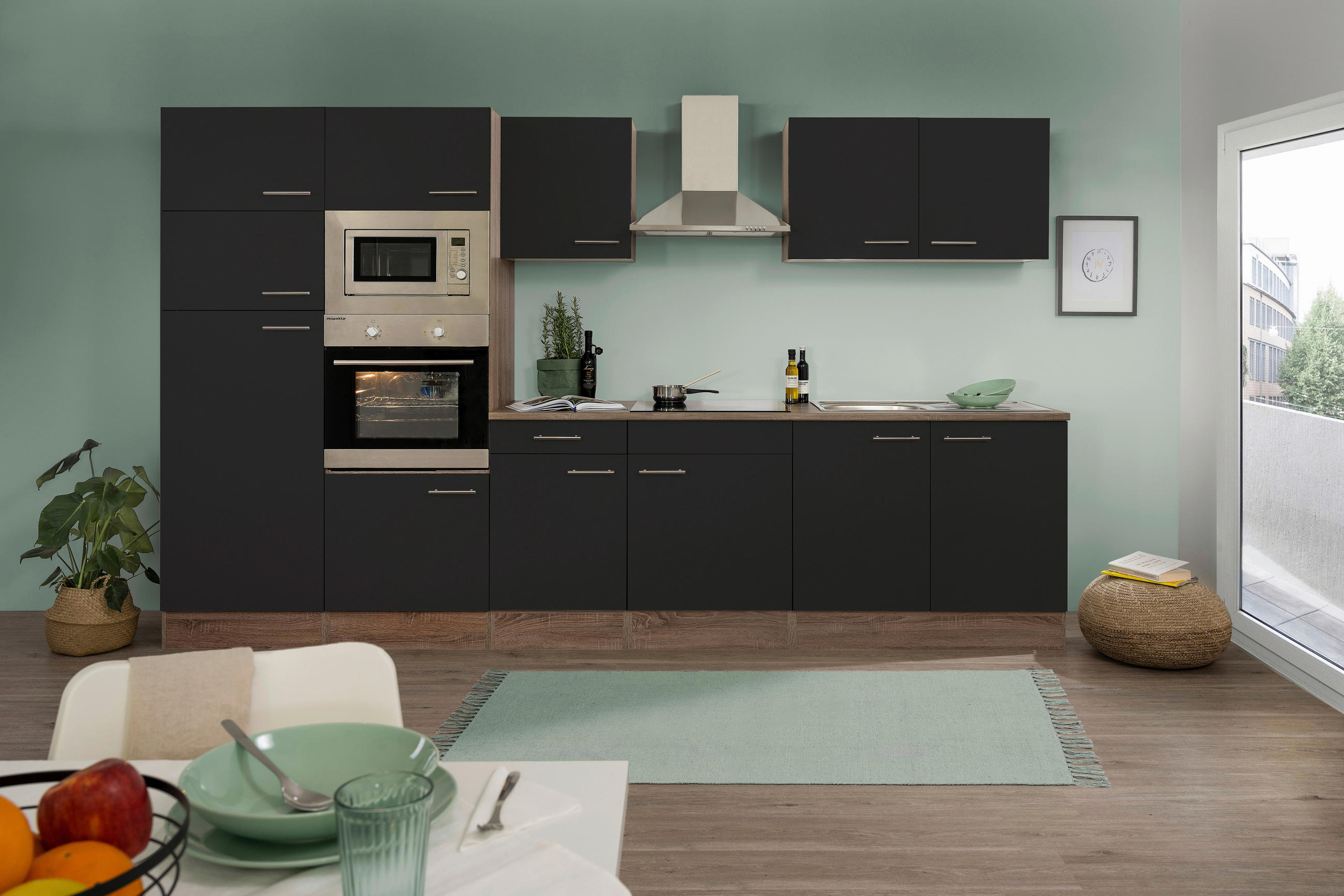 KÜCHENBLOCK 330 cm Schwarz E-Geräte, Spüle, Kühlgefrierkombination, Dunstabzug, Ab- und Überlaufgarnitur - Edelstahlfarben/Eichefarben, Design, Metall (330cm) - Respekta