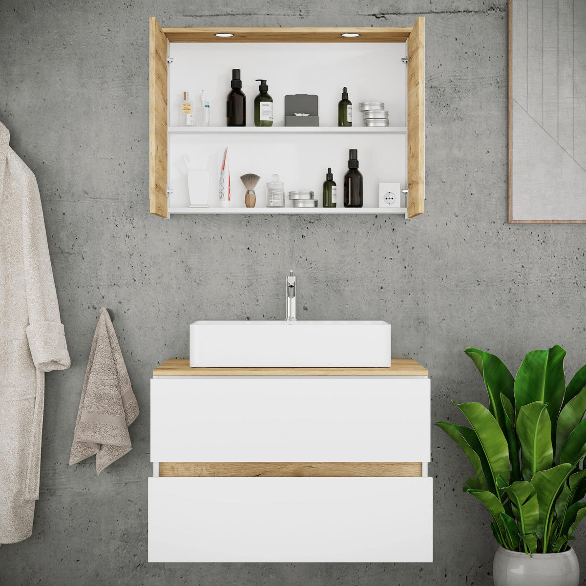 BADEZIMMER 3-teilig 80 cm  - Honigeiche/Weiss, Trend, Keramik/Holzwerkstoff (80cm) - MID.YOU