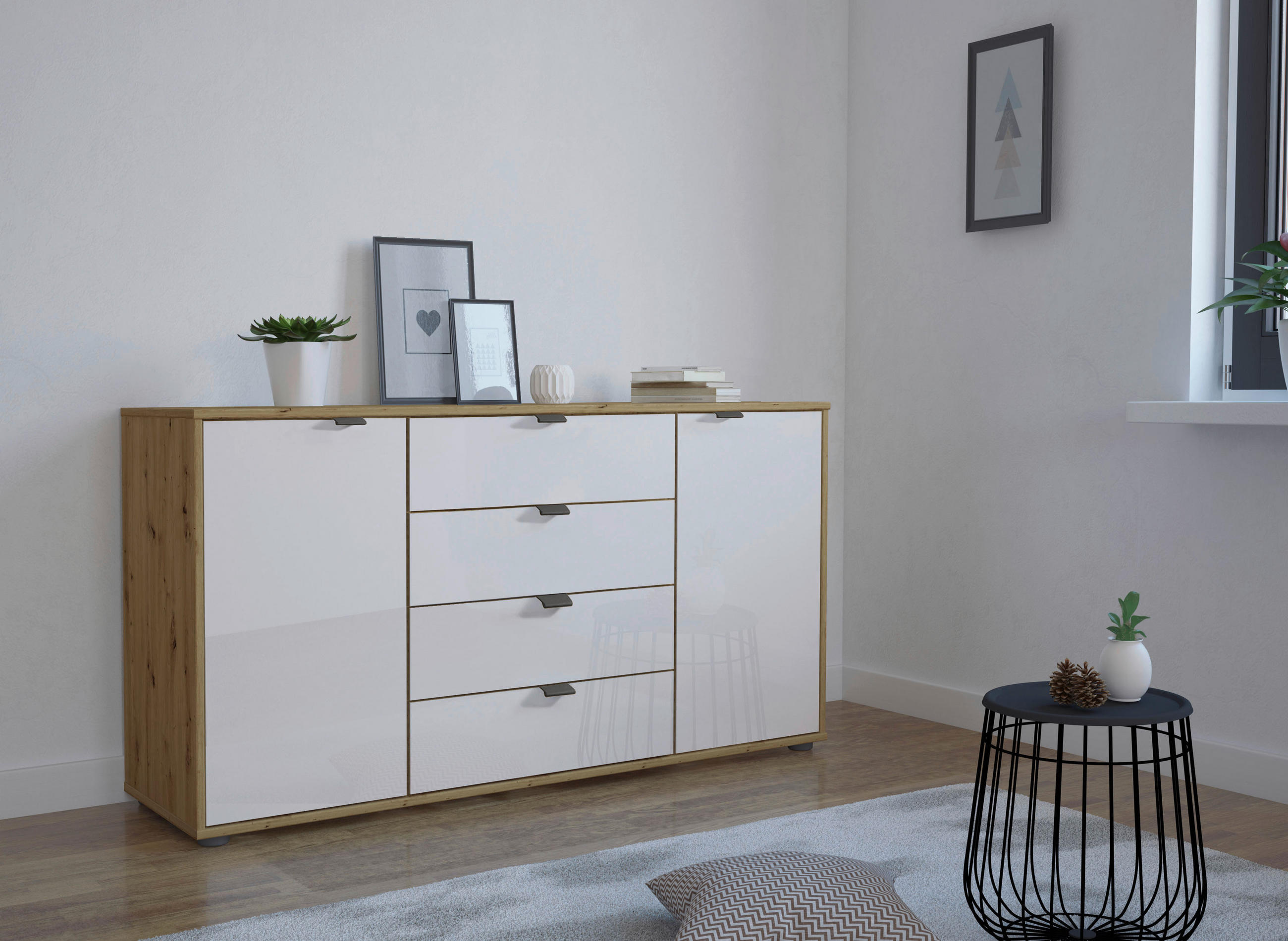 Thumbnail - Dieter Knoll Sideboard, Weiß, Eiche Bianco, Holzwerkstoff, 2 Fächer, 4 Schublade(n) Schubladen, 140x70x43 cm, ISO 9001, ...