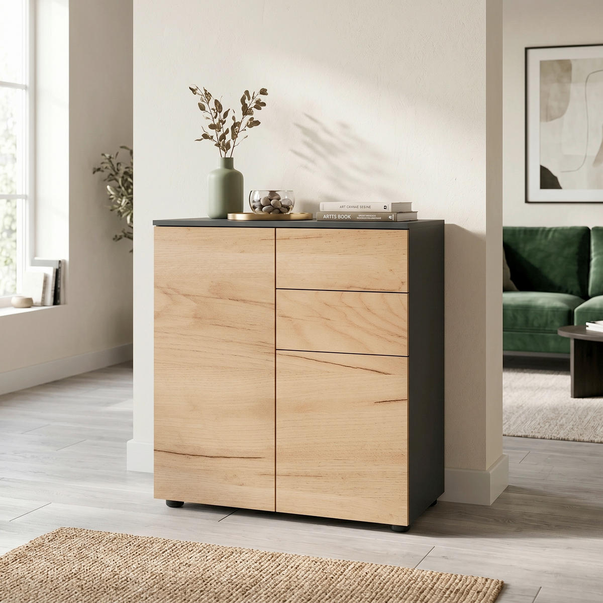 KOMMODE , 70/77/39 cm, 2 Schublade(n)  - Honigeiche/Anthrazit, MODERN, Holzwerkstoff/Kunststoff (70/77/39cm) - MID.YOU