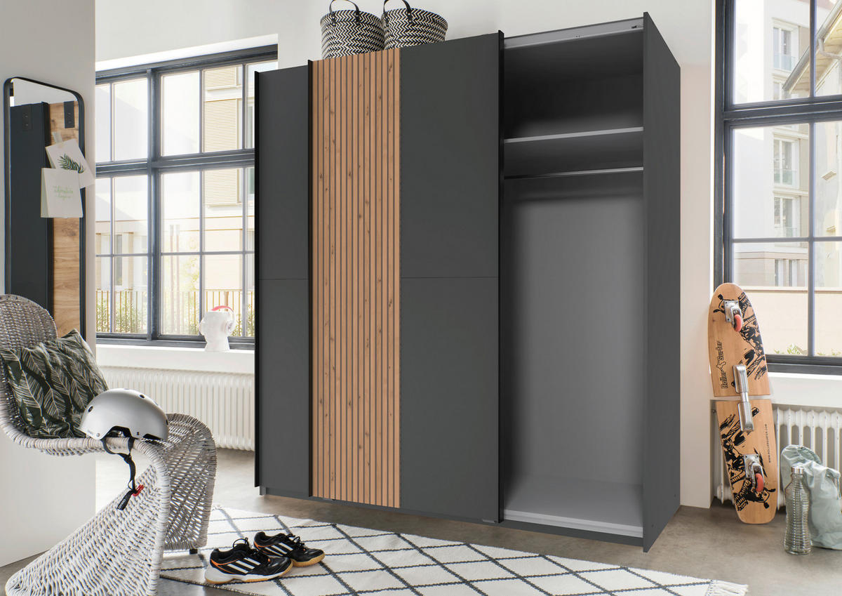 SCHWEBETÜRENSCHRANK in Graphitfarben, Eiche Artisan  - Schwarz/Graphitfarben, Trend, Holzwerkstoff/Metall (180/198/65cm) - Boxxx