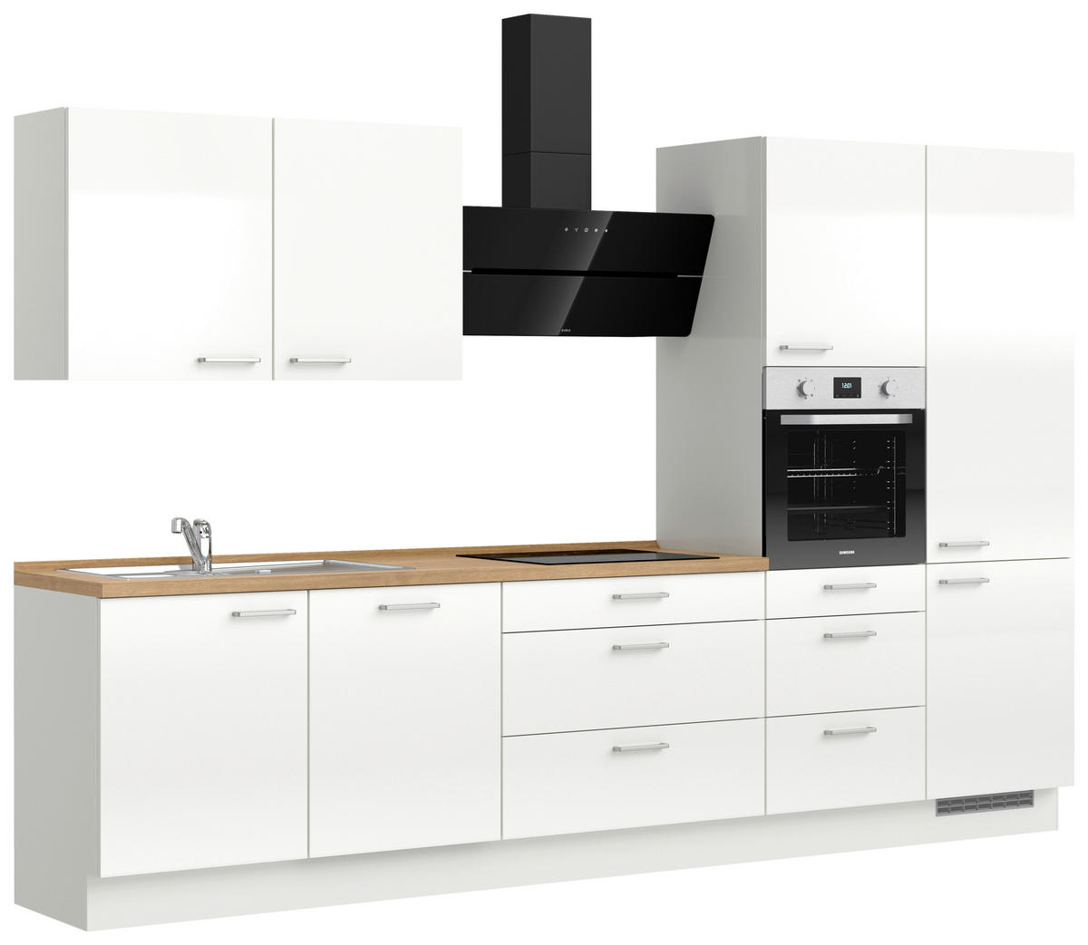 KÜCHENBLOCK 330 cm   in Eichefarben, Weiß Hochglanz  - Edelstahlfarben/Eichefarben, MODERN, Holzwerkstoff/Metall (330cm) - Nobilia