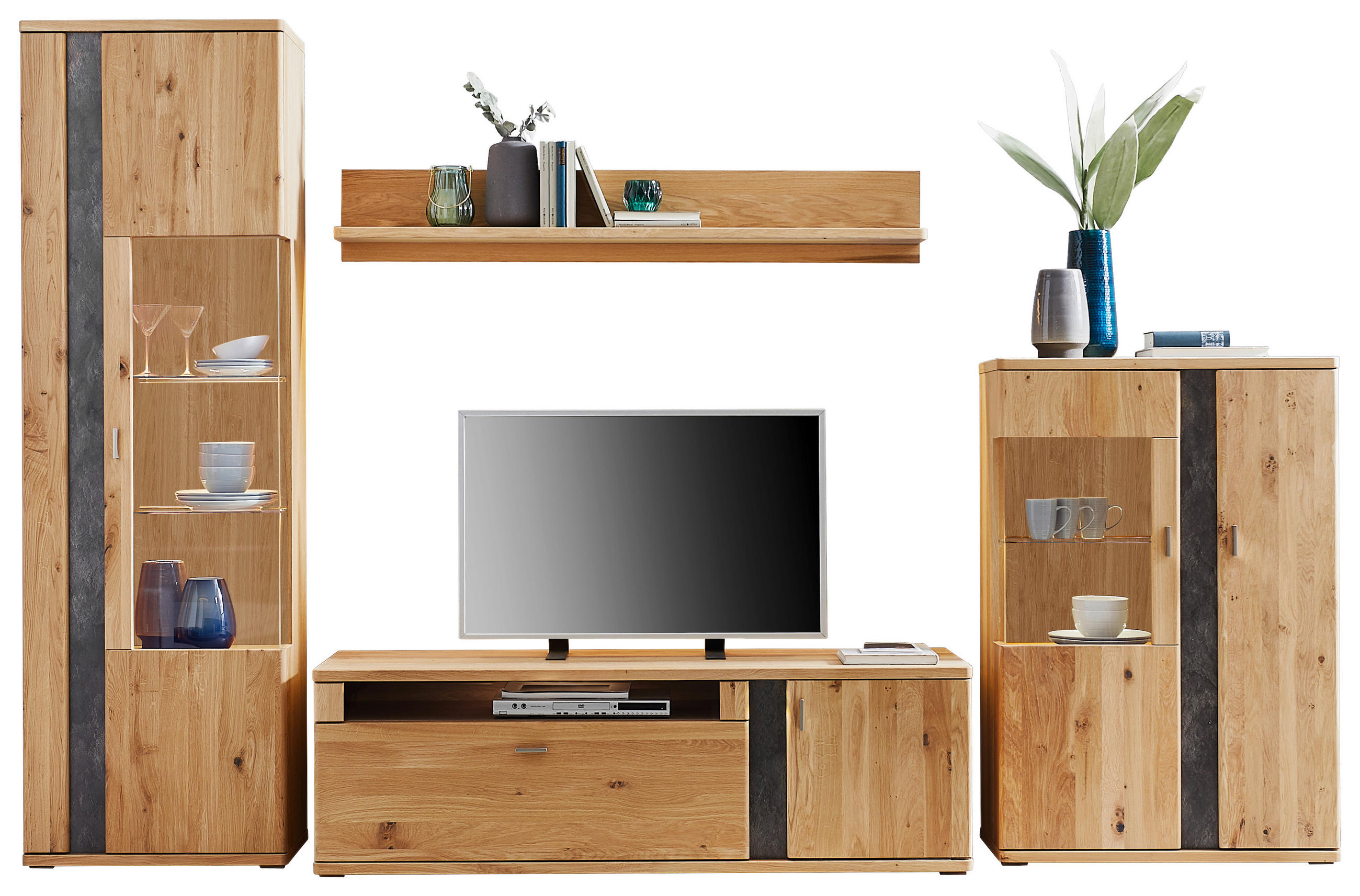 WOHNWAND Turego  in Eichefarben  327,4/208,6/50,2 cm  - Eichefarben/Silberfarben, KONVENTIONELL, Glas/Holz (327,4/208,6/50,2cm) - Voleo