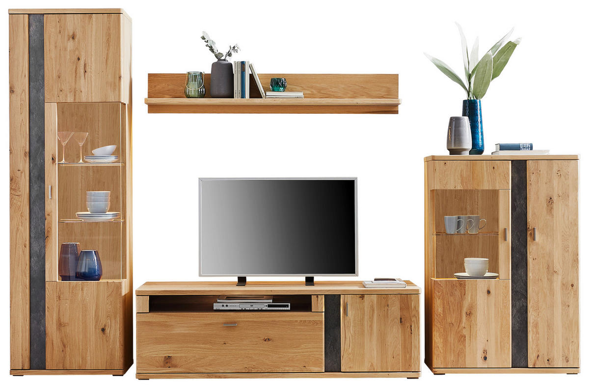 WOHNWAND Turego  in Eichefarben  327,4/208,6/50,2 cm  - Eichefarben/Silberfarben, KONVENTIONELL, Glas/Holz (327,4/208,6/50,2cm) - Voleo