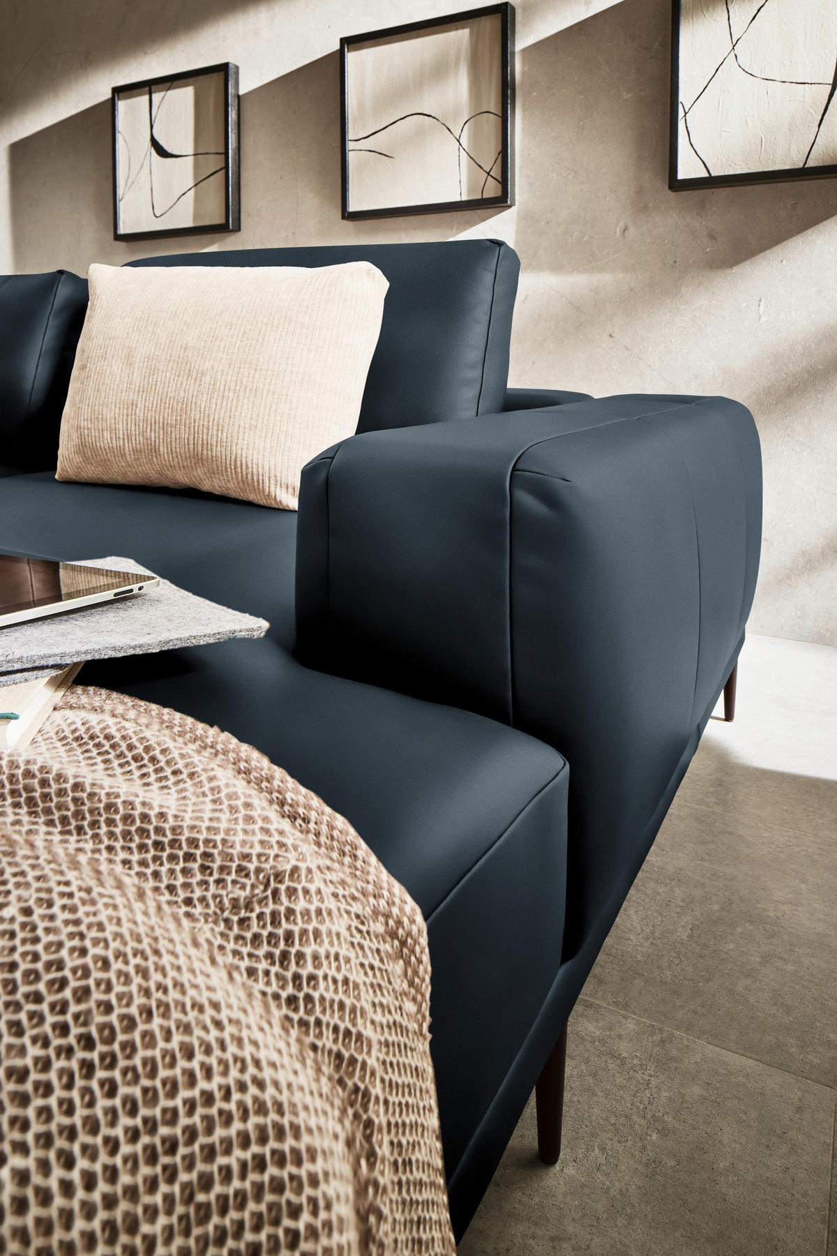 ECKSOFA Echtleder Dunkelblau  - Schwarz/Dunkelblau, Design, Leder/Metall (304/201cm) - Belluti