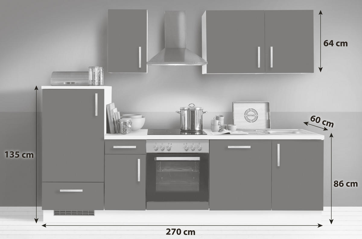 KÜCHENBLOCK 270 cm   in Weiß Hochglanz  - Weiß Hochglanz/Silberfarben, KONVENTIONELL, Holzwerkstoff/Kunststoff (270cm) - Menke
