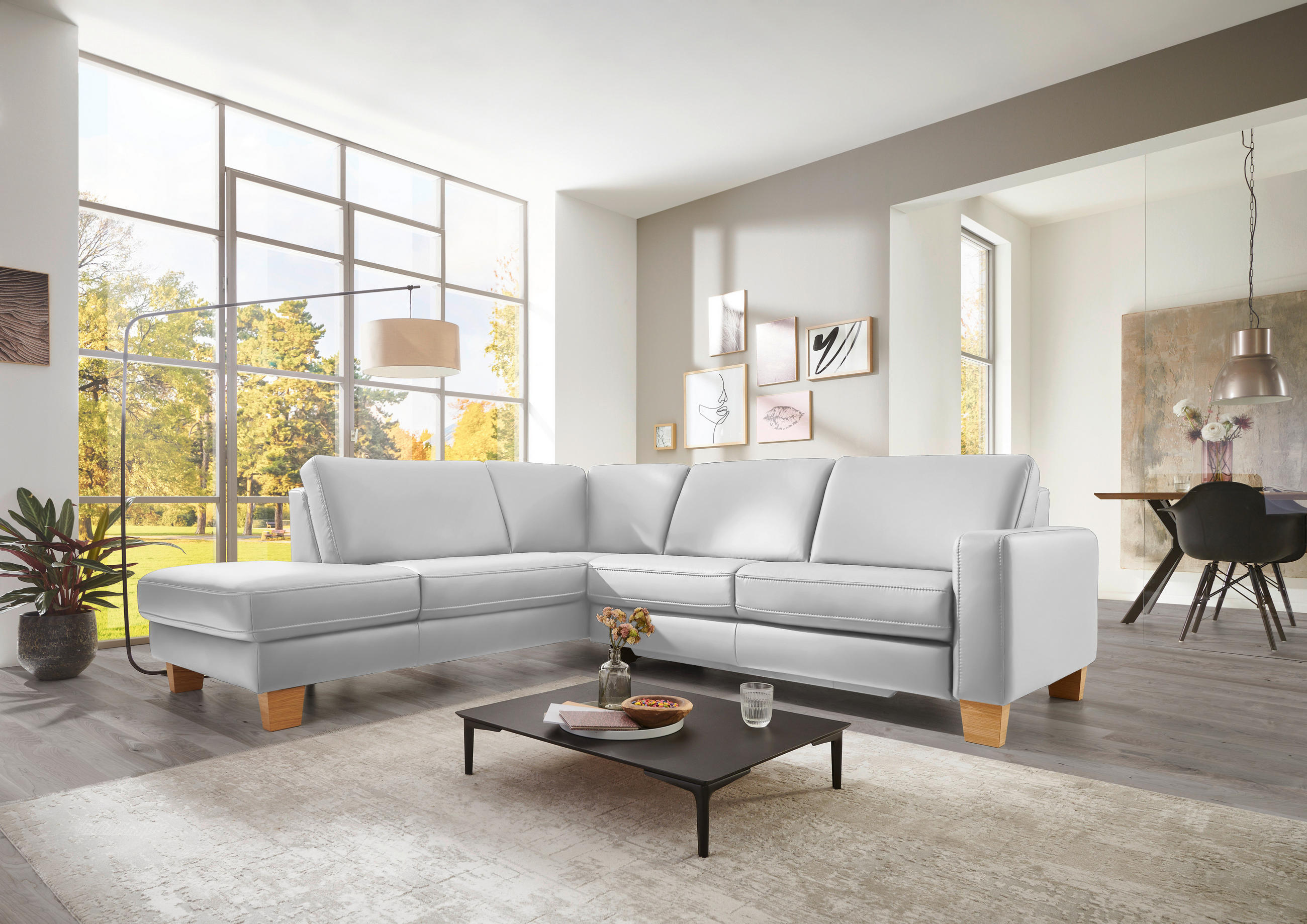 ECKSOFA in Echtleder Weiss  - Eiche Bianco/Weiss, Natur, Leder/Holz (235/257cm) - Valdera