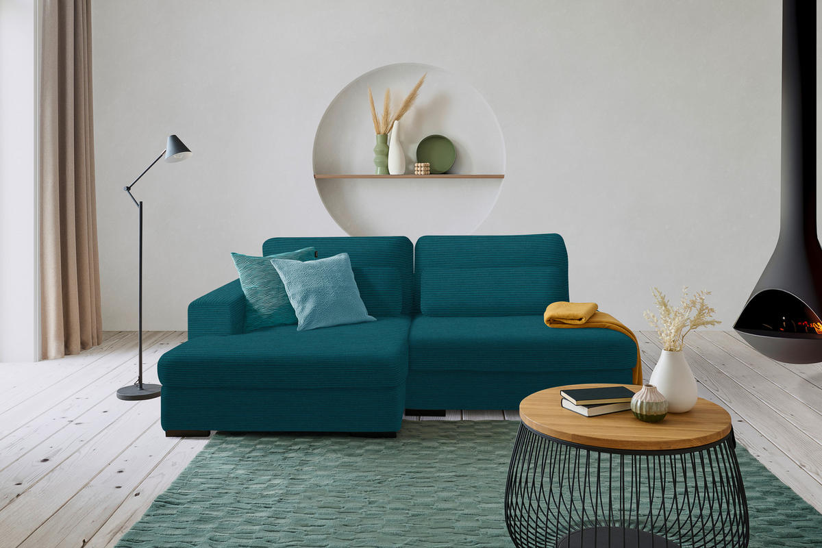 ECKSOFA in Cord, Velours Petrol  - Petrol/Schwarz, Design, Kunststoff/Textil (158/223cm) - Lomoco