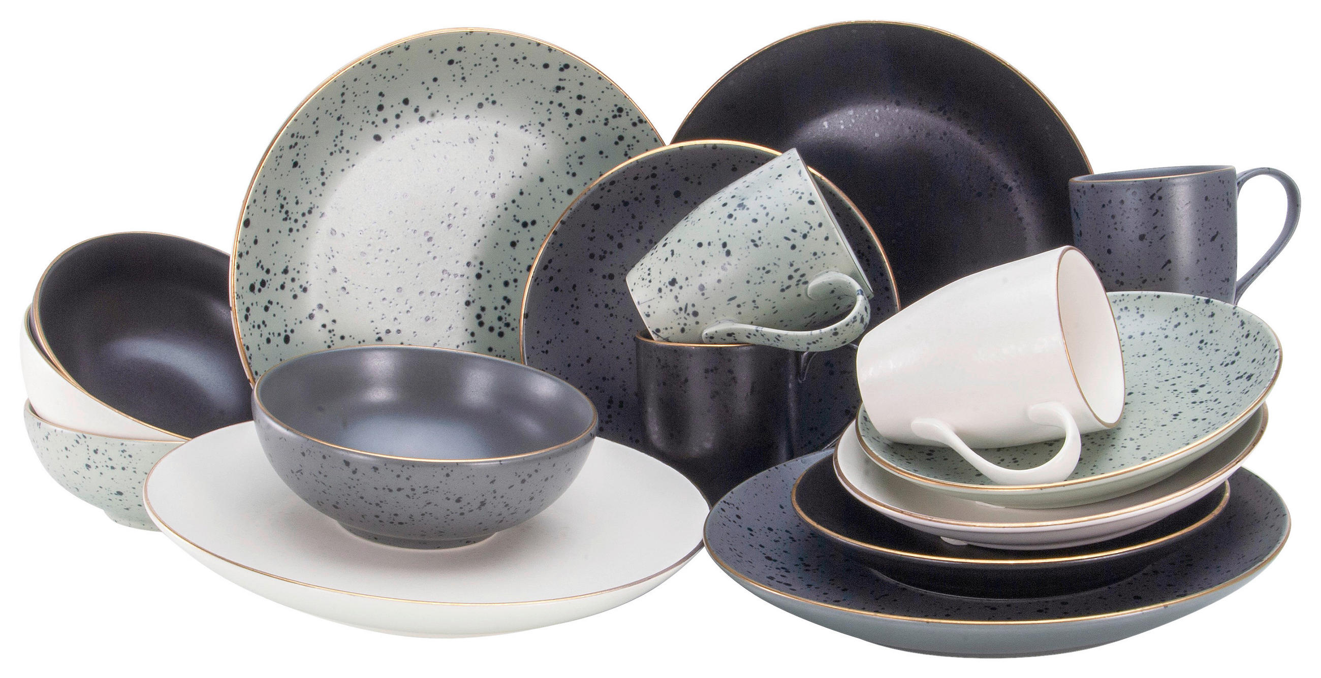 KOMBISERVICE Anthrazit, Grau, Schwarz, Weiß, Goldfarben Industrial Gold 16-teilig 4 Personen  - Anthrazit/Goldfarben, Trend, Keramik - Creatable