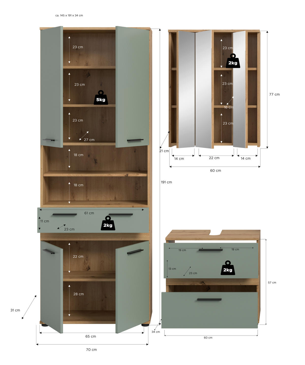 BADEZIMMER 3-teilig  in 145 cm  - Salbeigrün/Schwarz, Trend, Glas/Holzwerkstoff (145cm) - MID.YOU