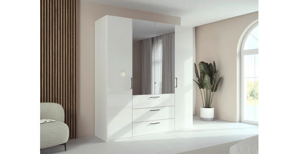 DREHTÜRENSCHRANK 201/235/61 cm,  in Weiß, Weiß Hochglanz, 4-türig  - Chromfarben/Edelstahlfarben, Basics, Glas/Holzwerkstoff (201/235/61cm) - Novel