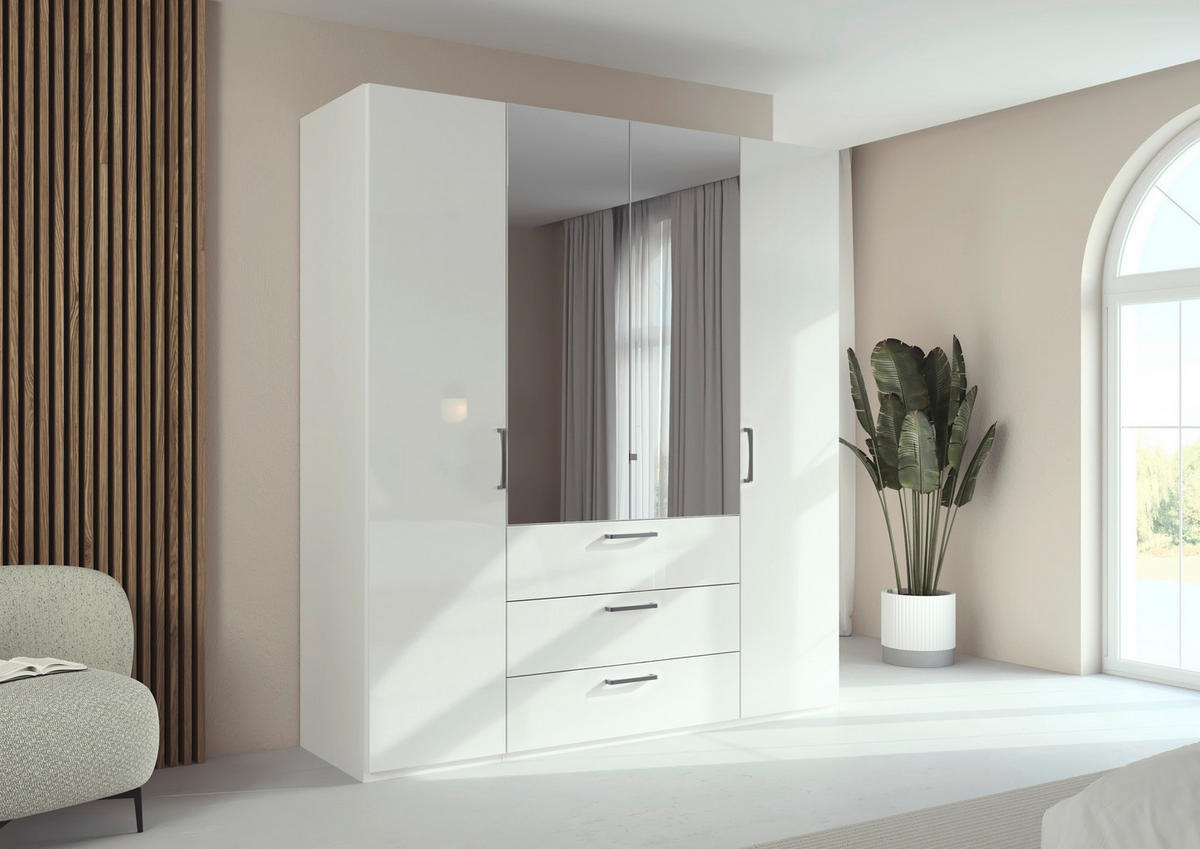 DREHTÜRENSCHRANK 201/235/61 cm,  in Weiß, Weiß Hochglanz, 4-türig  - Chromfarben/Edelstahlfarben, Basics, Glas/Holzwerkstoff (201/235/61cm) - Novel