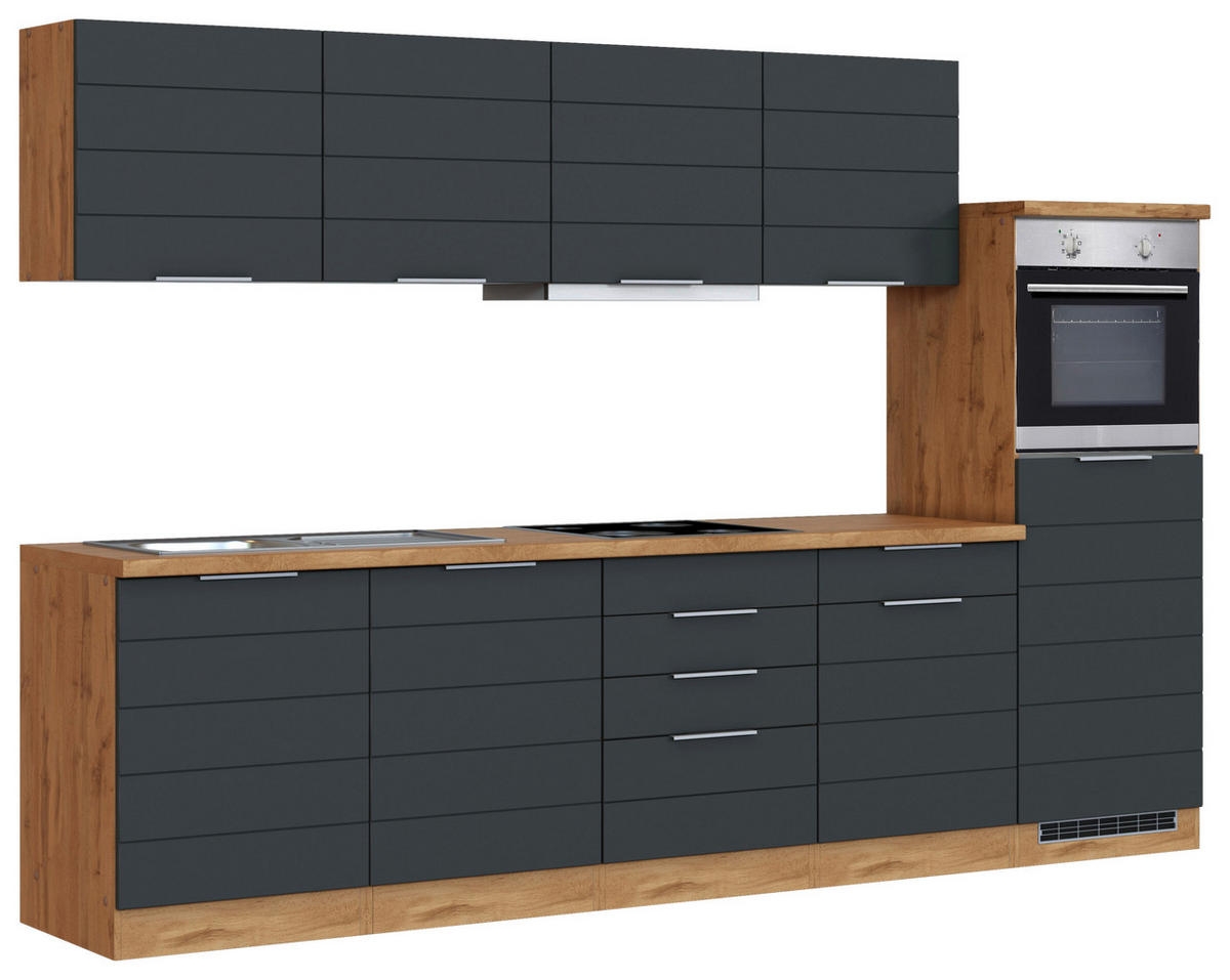KÜCHENBLOCK 300 cm   in Grau, Eiche Wotan  - Eiche Wotan/Grau, Design, Holzwerkstoff/Metall (300cm) - Held