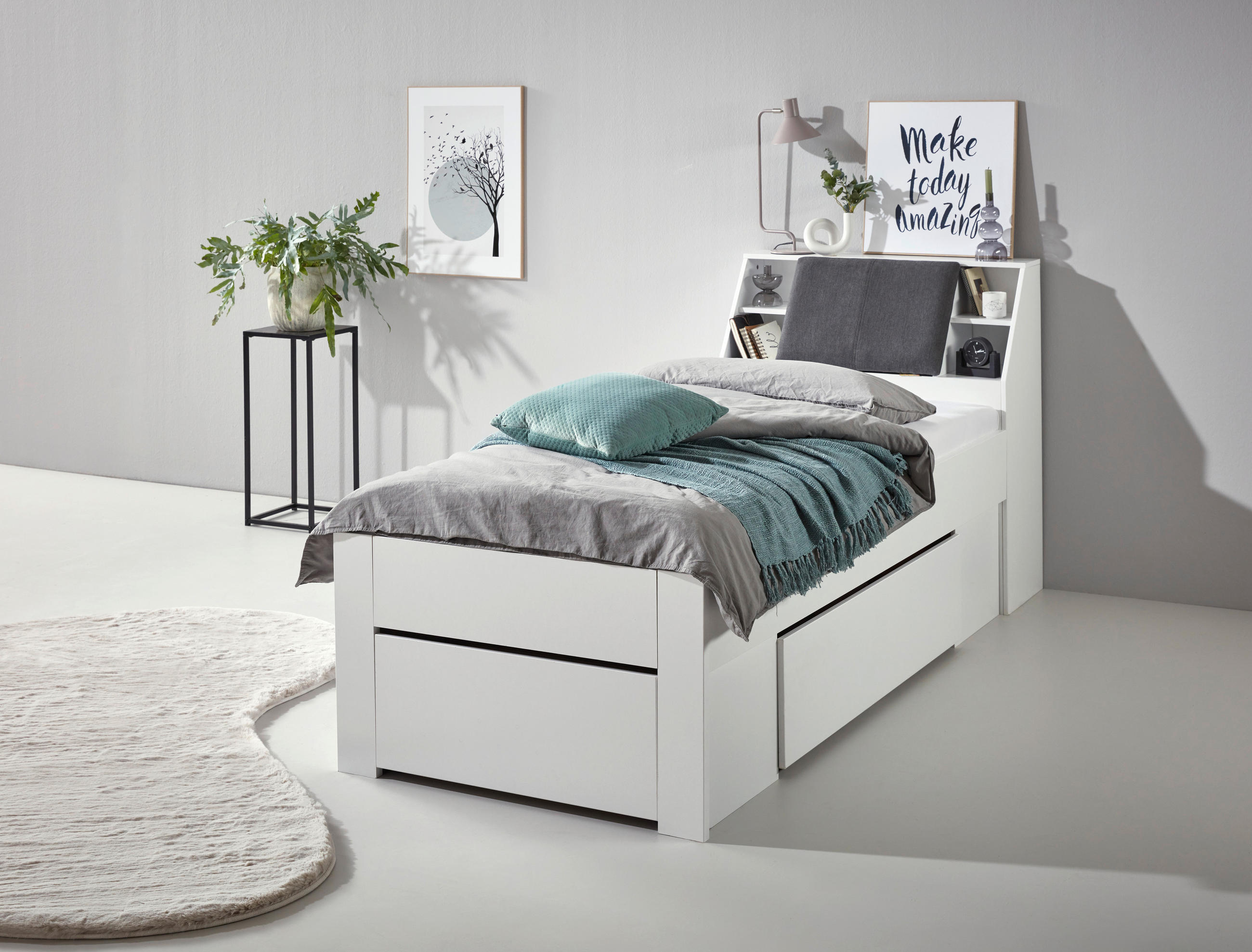 STAURAUMBETT 90/200 cm  in Weiß  - Weiß/Grau, KONVENTIONELL, Holzwerkstoff (90/200cm) - Boxxx