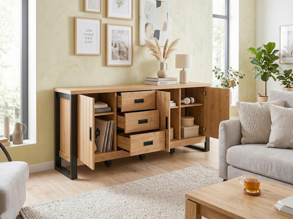 SIDEBOARD  173,4/75/39 cm 3 Schublade(n)  - Eichefarben/Schwarz, KONVENTIONELL, Holzwerkstoff/Metall (173,4/75/39cm) - MID.YOU