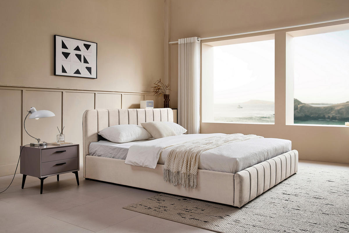 POLSTERBETT 140/200 cm, inkl. gepolstertes Kopfteil, Lattenrost, Bettkasten,  in Beige  - Beige/Schwarz, Design, Holz/Kunststoff (140/200cm) - Boxxx