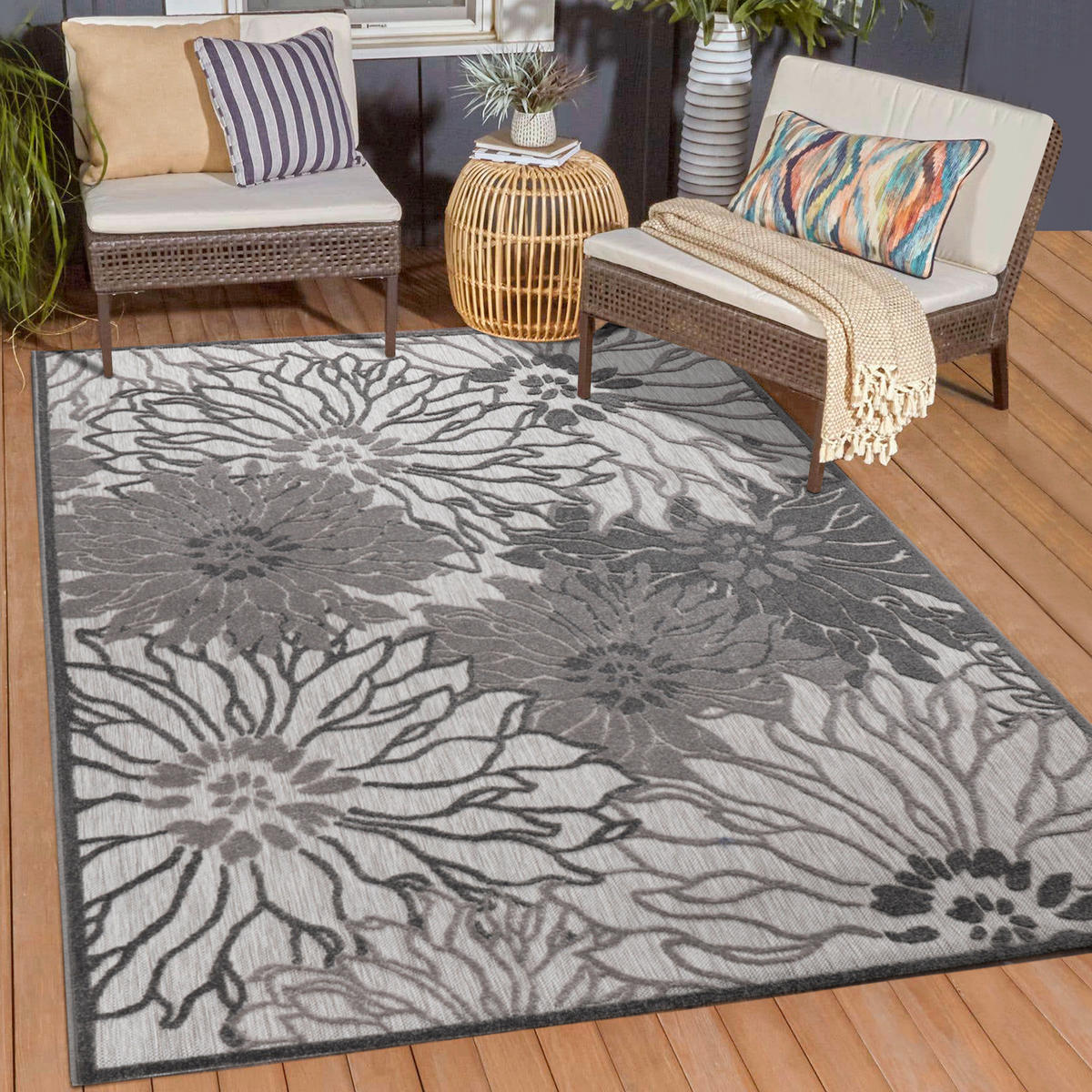 TEPIH ZA UNUTAR./VANJ. UPORAB 80/150 cm   siva, svijetlo siva  Floral  - siva/svijetlo siva, Lifestyle, tekstil/plastika (80/150cm)