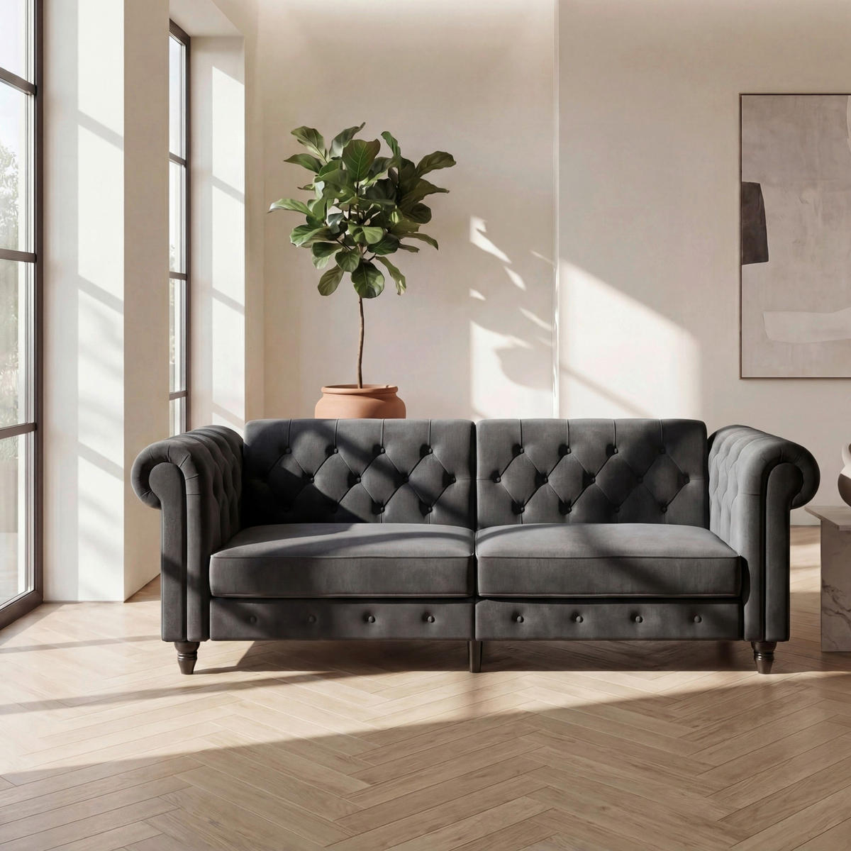 SCHLAFSOFA FIRENZE in Velours Anthrazit Vintage, Skandinavisch, Modern  - Anthrazit/Schwarz, Basics, Holz/Textil (236/83/87cm) - Livetastic