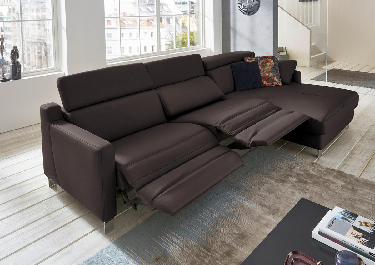 ECKSOFA Echtleder Mokka  - Chromfarben/Mokka, Design, Leder/Metall (291/176cm) - Valdera