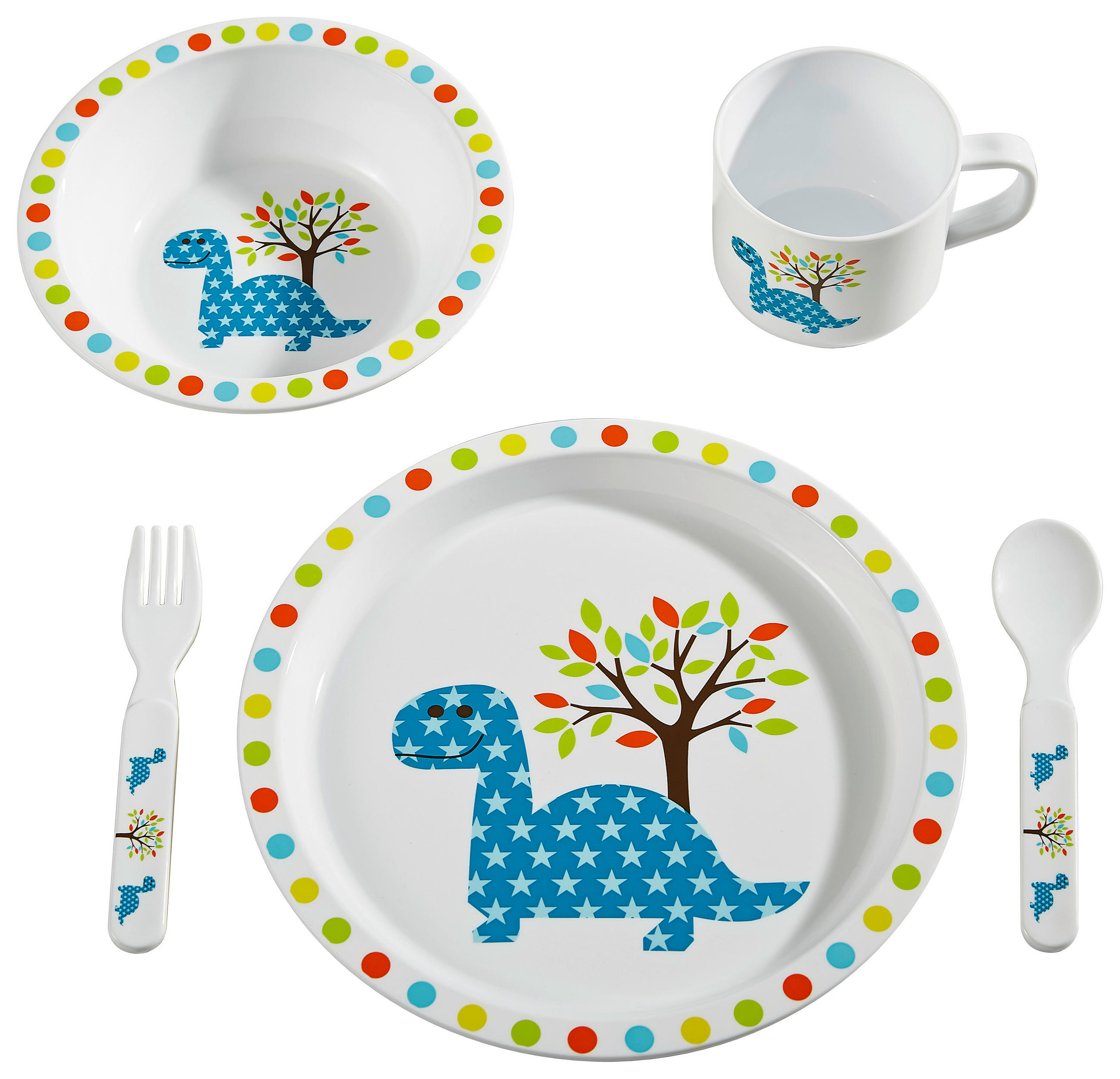 KINDERGESCHIRRSET Dino 5-teilig  - Blau/Weiß, Basics (20,5cm) - My Baby Lou