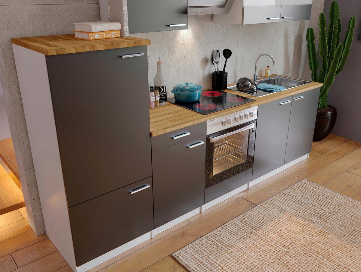 KÜCHENBLOCK 270 cm   in Grau  - Edelstahlfarben/Nussbaumfarben, Basics, Holzwerkstoff/Metall (270cm) - Respekta