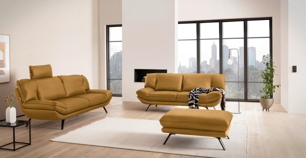3-SITZER-SOFA in Echtleder Currygelb  - Currygelb/Schwarz, Design, Leder/Metall (226/95/95cm) - Celina