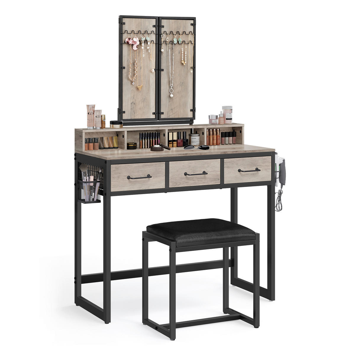 SCHMINKTISCH Greige, Schwarz  - Greige/Schwarz, Trend, Glas/Holzwerkstoff (90/40/141cm) - Boxxx