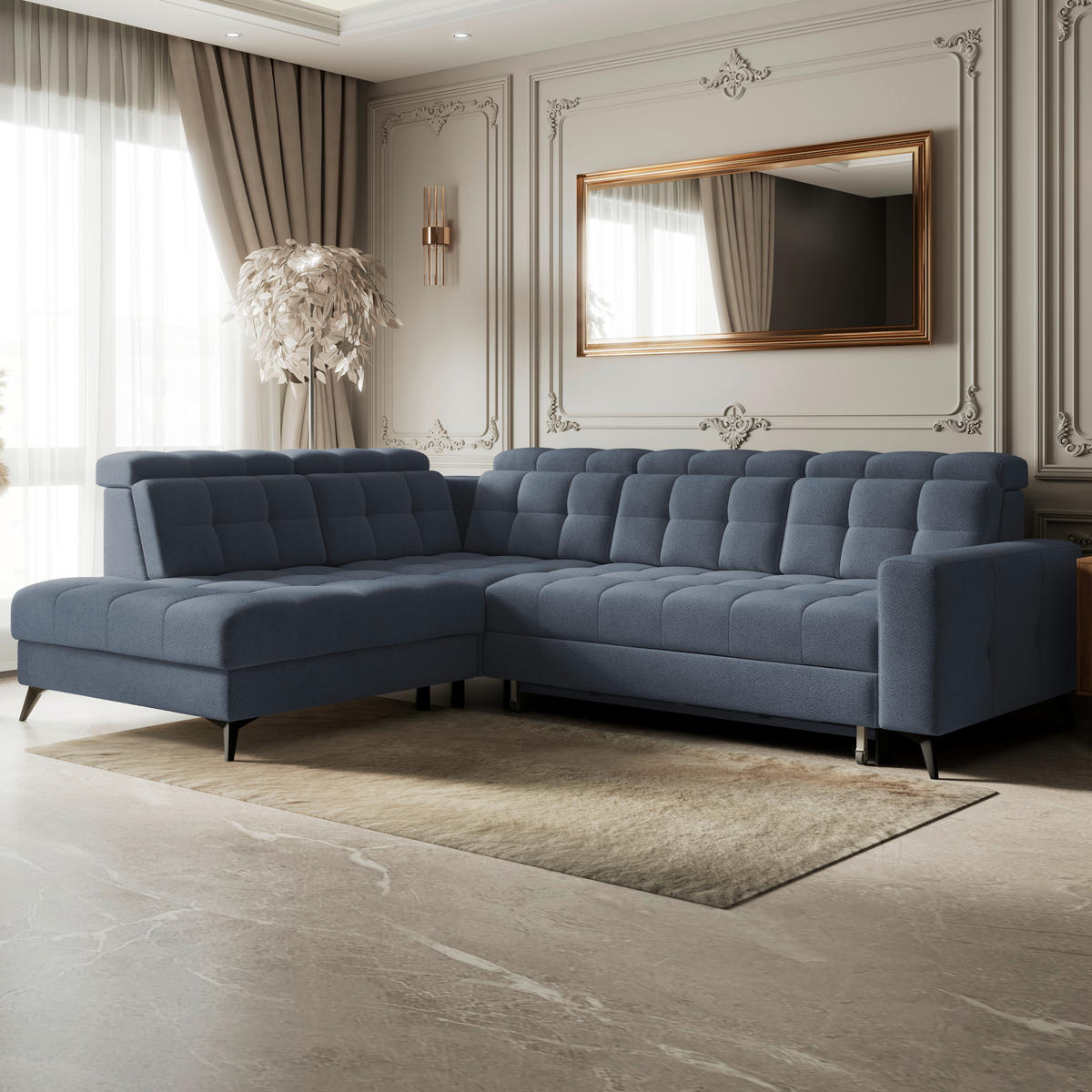 ECKSOFA BARLETTA NEW Blau Velours Bettkasten, Kopfteilverstellung, Sitztiefenverstellung, Liegefläche im Originalstoff  - Blau/Schwarz, ROMANTIK / LANDHAUS, Textil/Metall (228/289cm) - MID.YOU
