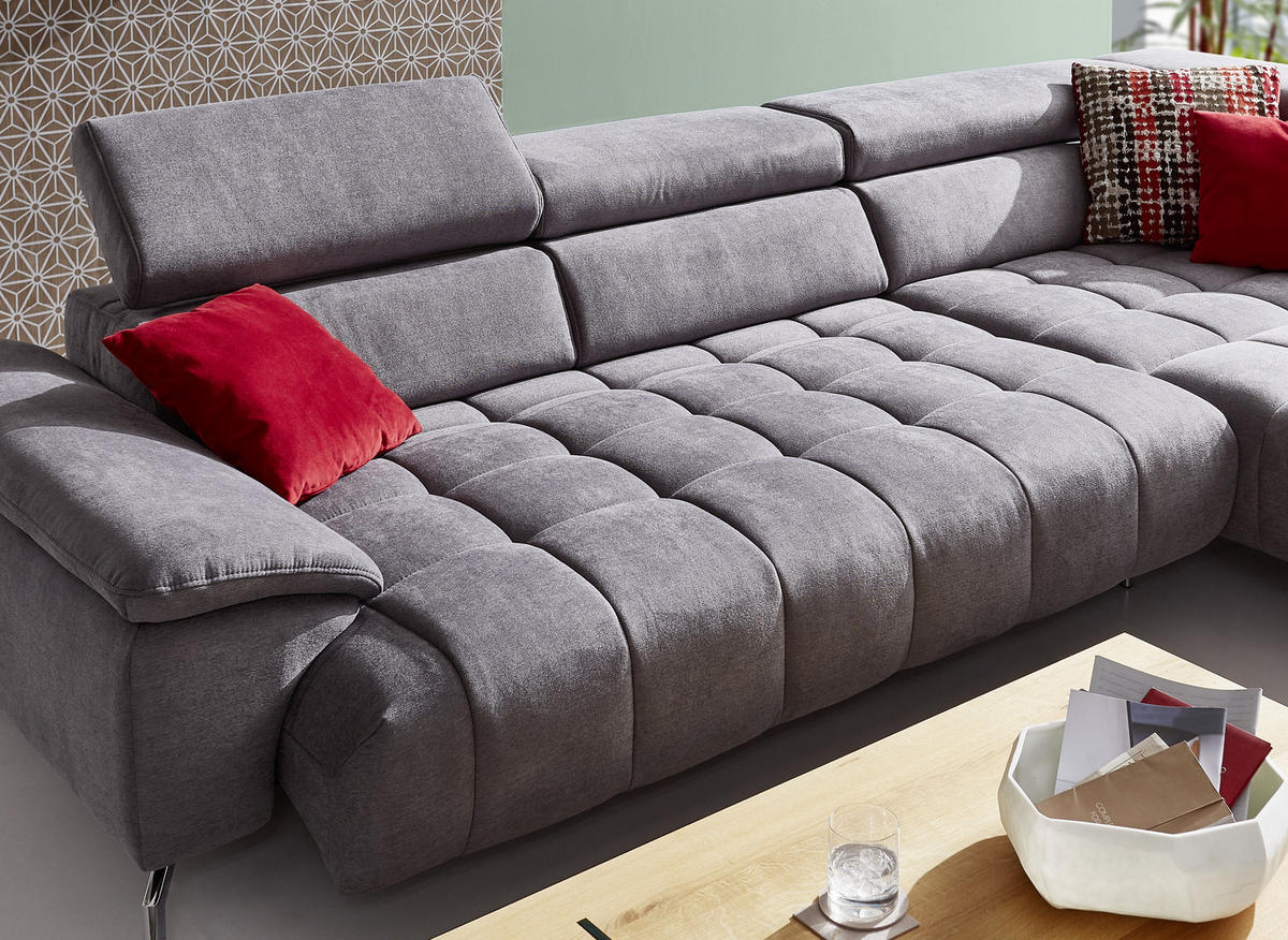 ECKSOFA Grau Chenille  - Chromfarben/Grau, Design, Textil/Metall (323/222cm) - Beldomo Style