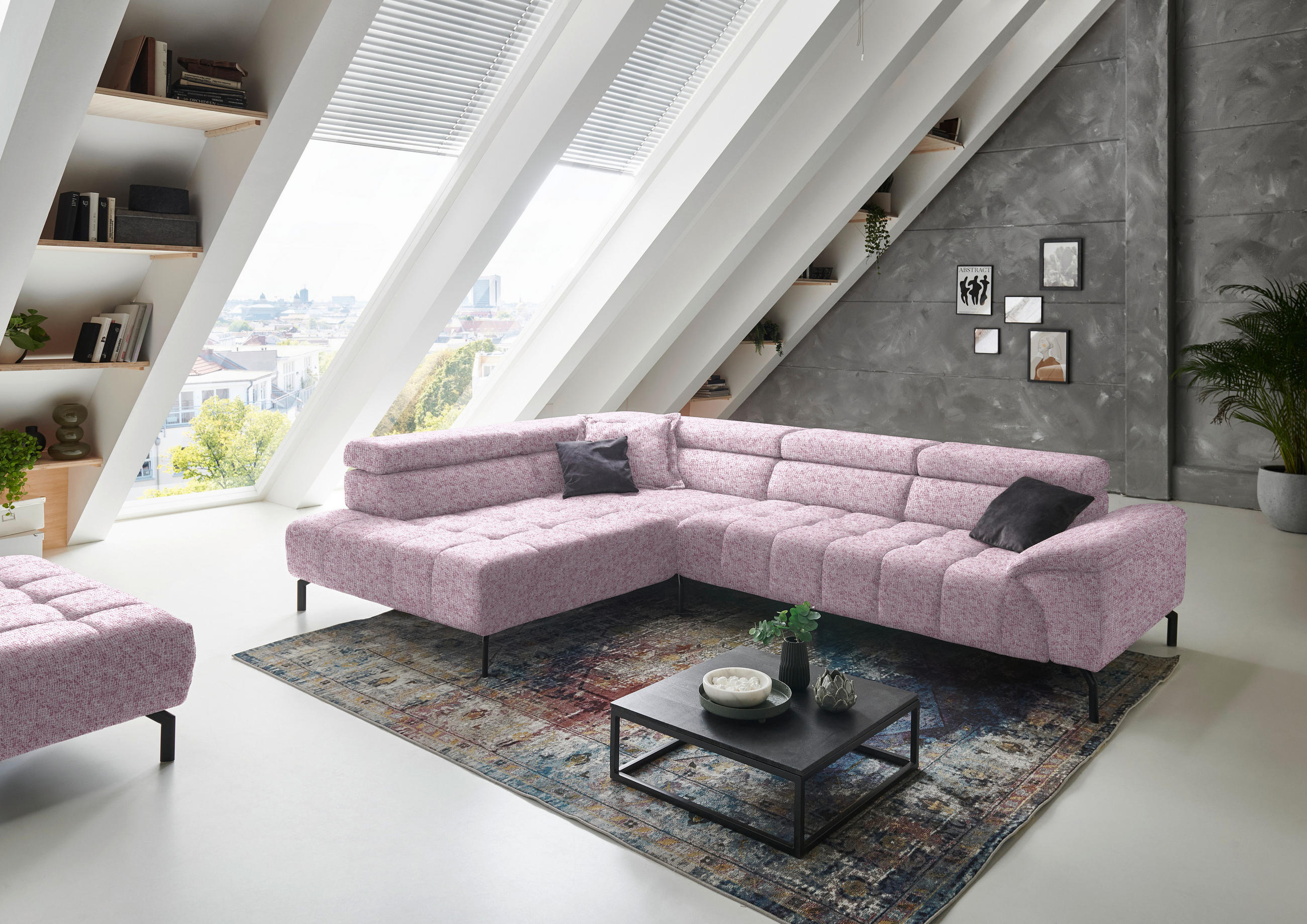 ECKSOFA in Chenille Rosa  222/323 cm  - Schwarz/Rosa, Design, Textil/Metall (222/323cm) - Beldomo Style