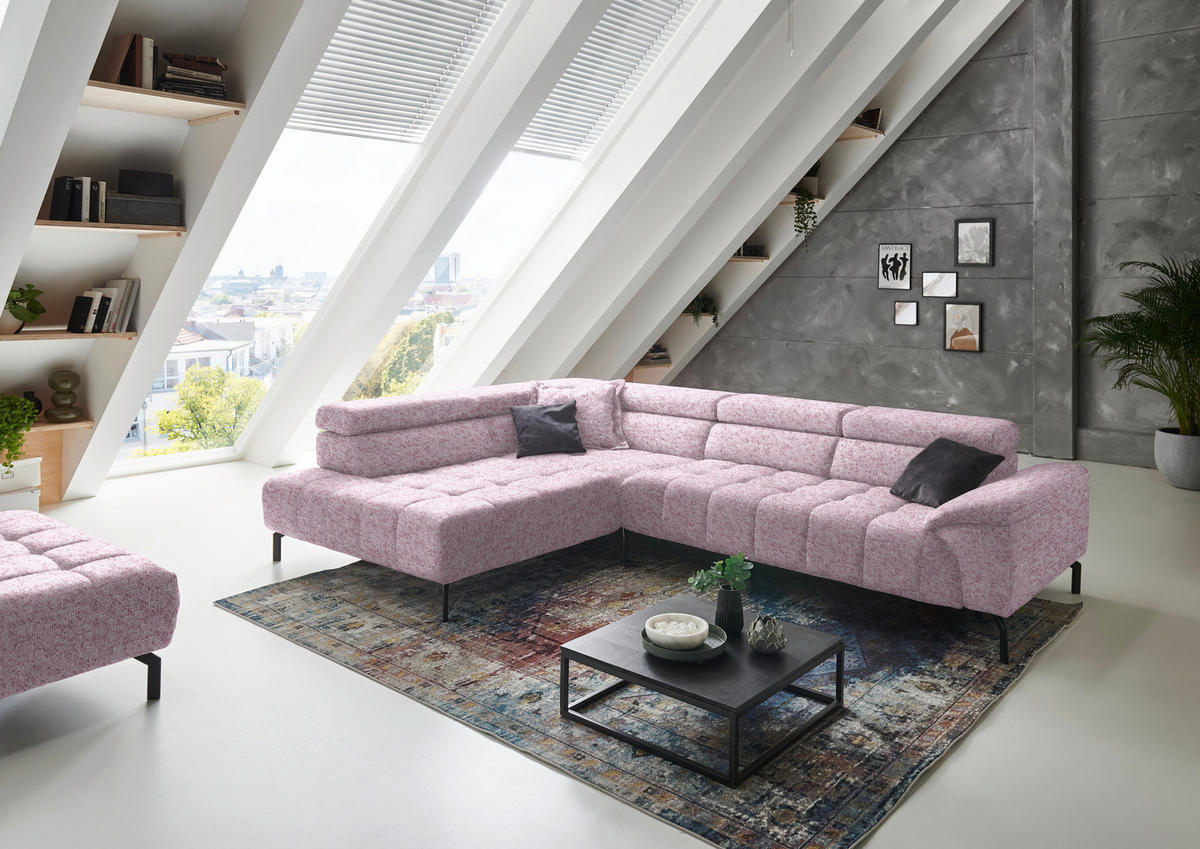 ECKSOFA in Chenille Rosa  - Schwarz/Rosa, Design, Textil/Metall (222/323cm) - Beldomo Style