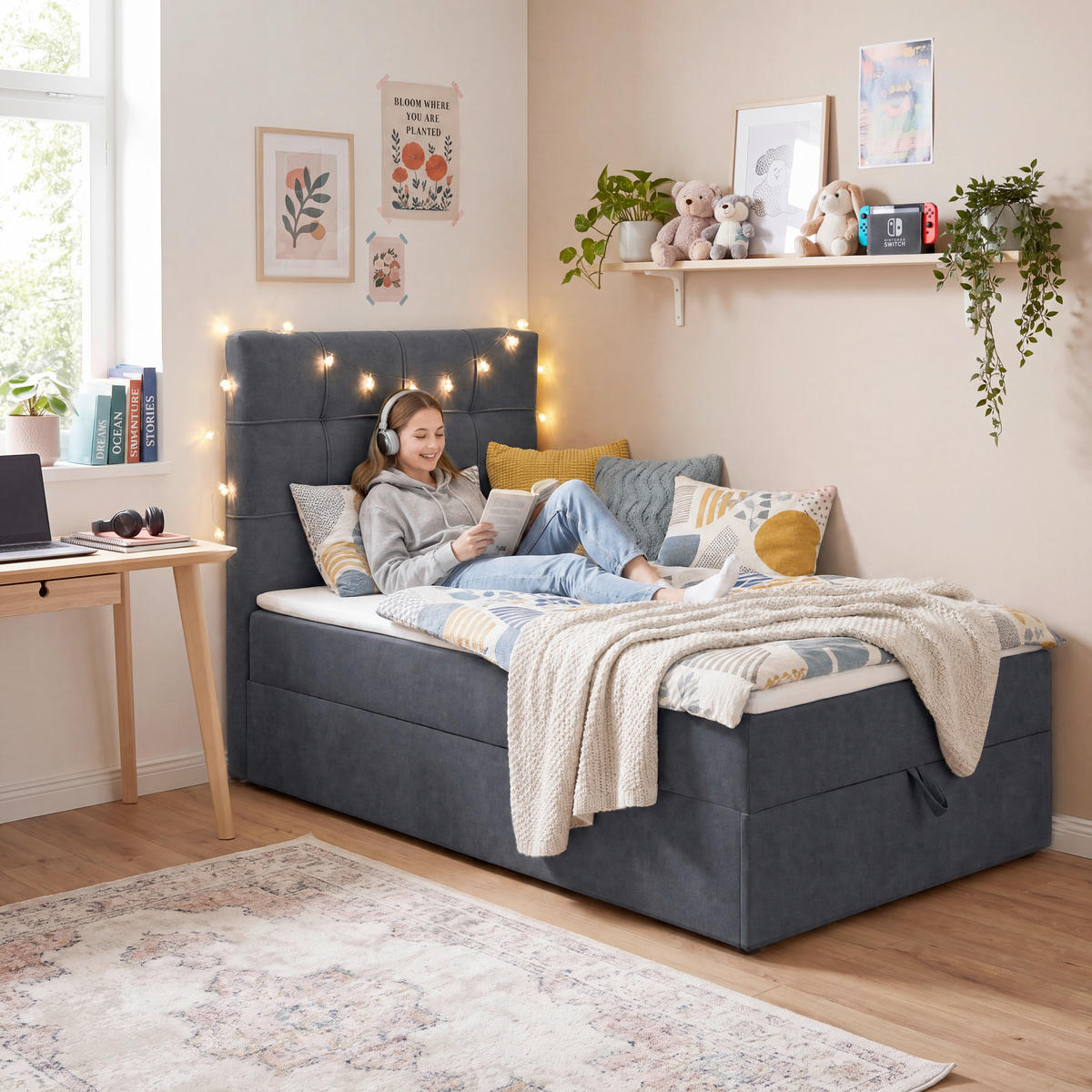 BOXBETT 100/200 cm,  in Anthrazit, Matratze, gepolstertes Kopfteil, Bettkasten, Topper, H3 = fest  - Anthrazit/Schwarz, Basics, Kunststoff/Textil (100/200cm) - Chameo
