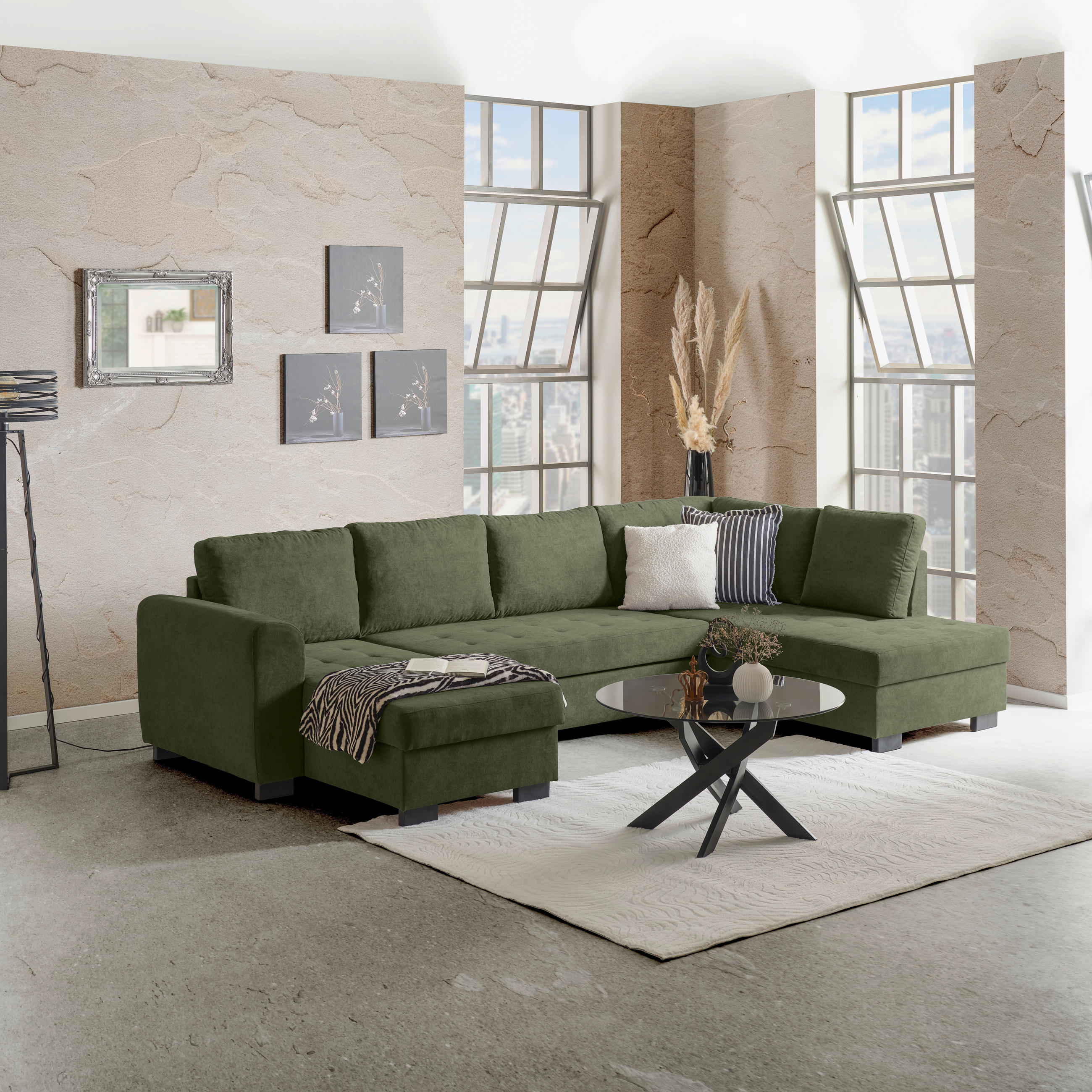 WOHNLANDSCHAFT Grün Mikrofaser  - Schwarz/Grau, MODERN, Kunststoff/Textil (155/305/178cm) - P & B