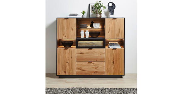 HIGHBOARD Schwarz, Eichefarben 145/130/38 cm - Eichefarben/Schwarz, Design, Glas/Holz (145/130/38cm) - Novel