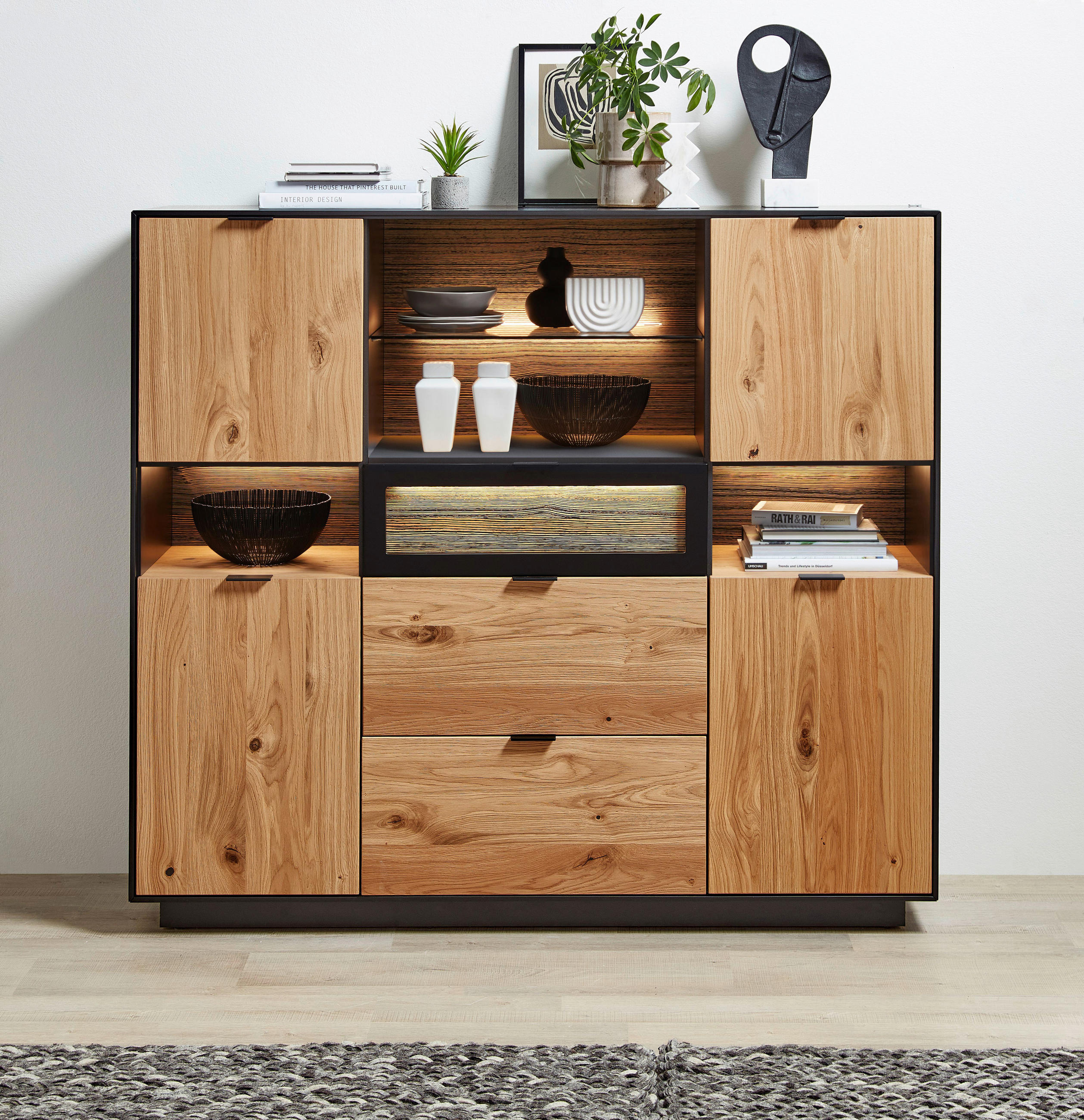 HIGHBOARD Schwarz, Eichefarben  145/130/38 cm  - Eichefarben/Schwarz, Design, Glas/Holz (145/130/38cm) - Novel