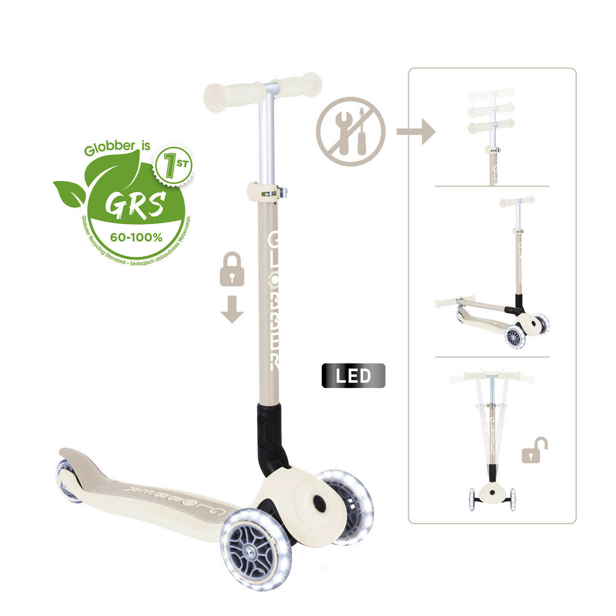 KINDERSCOOTER PRIMO FOLDABLE LIGHTS  - Perlmutt, Basics, Kunststoff (57,5/28/77,5cm) - GLOBBER