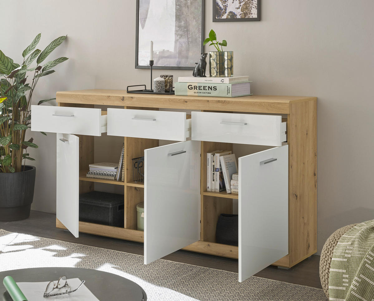 SIDEBOARD  165/91/38 cm 3 Schublade(n)  - Weiss Hochglanz/Silberfarben, Design, Holzwerkstoff/Kunststoff (165/91/38cm) - MID.YOU