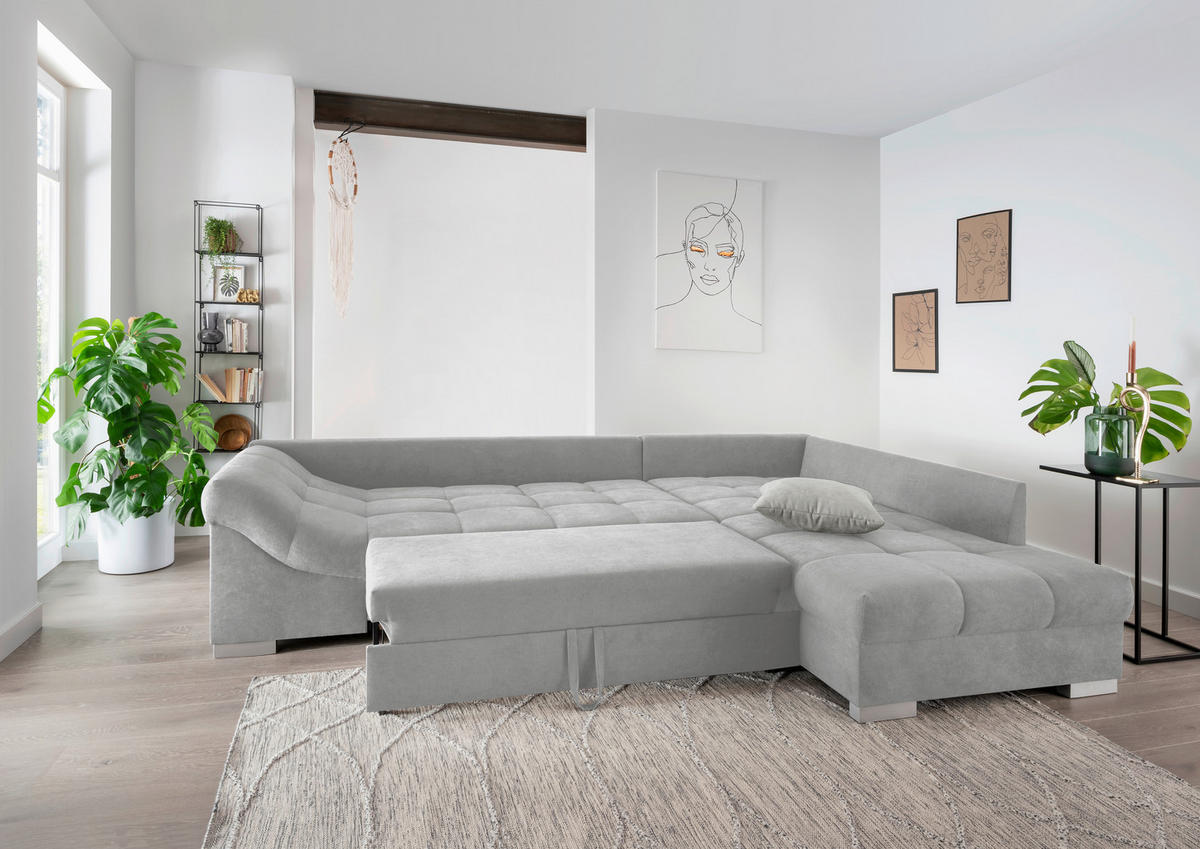 ECKSCHLAFSOFA Hellgrau Mikrofaser  - Silberfarben/Hellgrau, Design, Holz/Textil (298/202cm) - MID.YOU