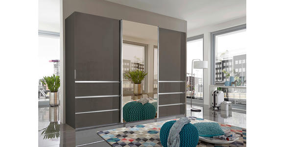SCHWEBETÜRENSCHRANK in Dunkelgrau - Chromfarben/Dunkelgrau, Design, Glas/Holzwerkstoff (300/217/67cm) - Novel