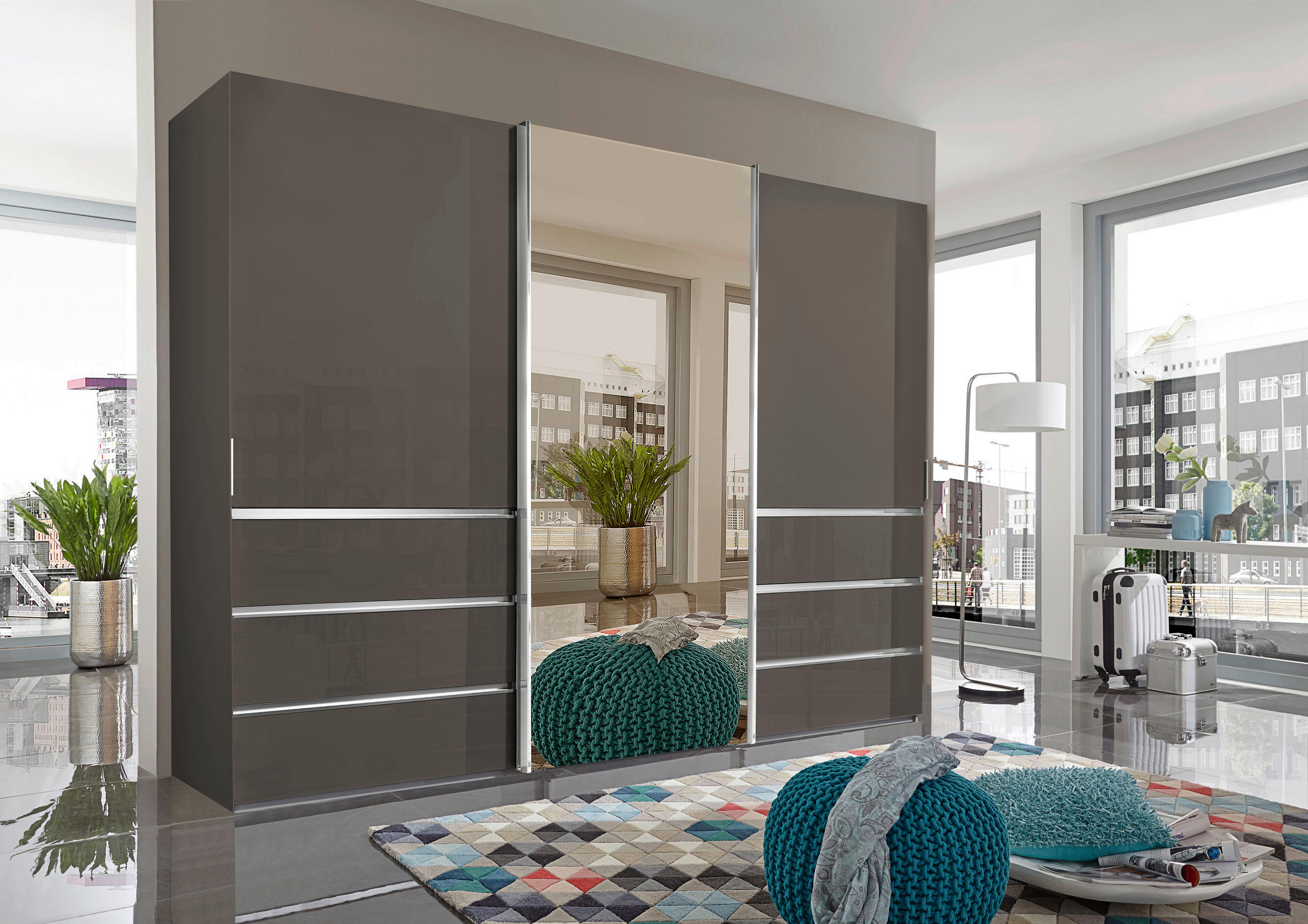 SCHWEBETÜRENSCHRANK in Dunkelgrau  - Chromfarben/Dunkelgrau, Design, Glas/Holzwerkstoff (300/236/67cm) - Novel