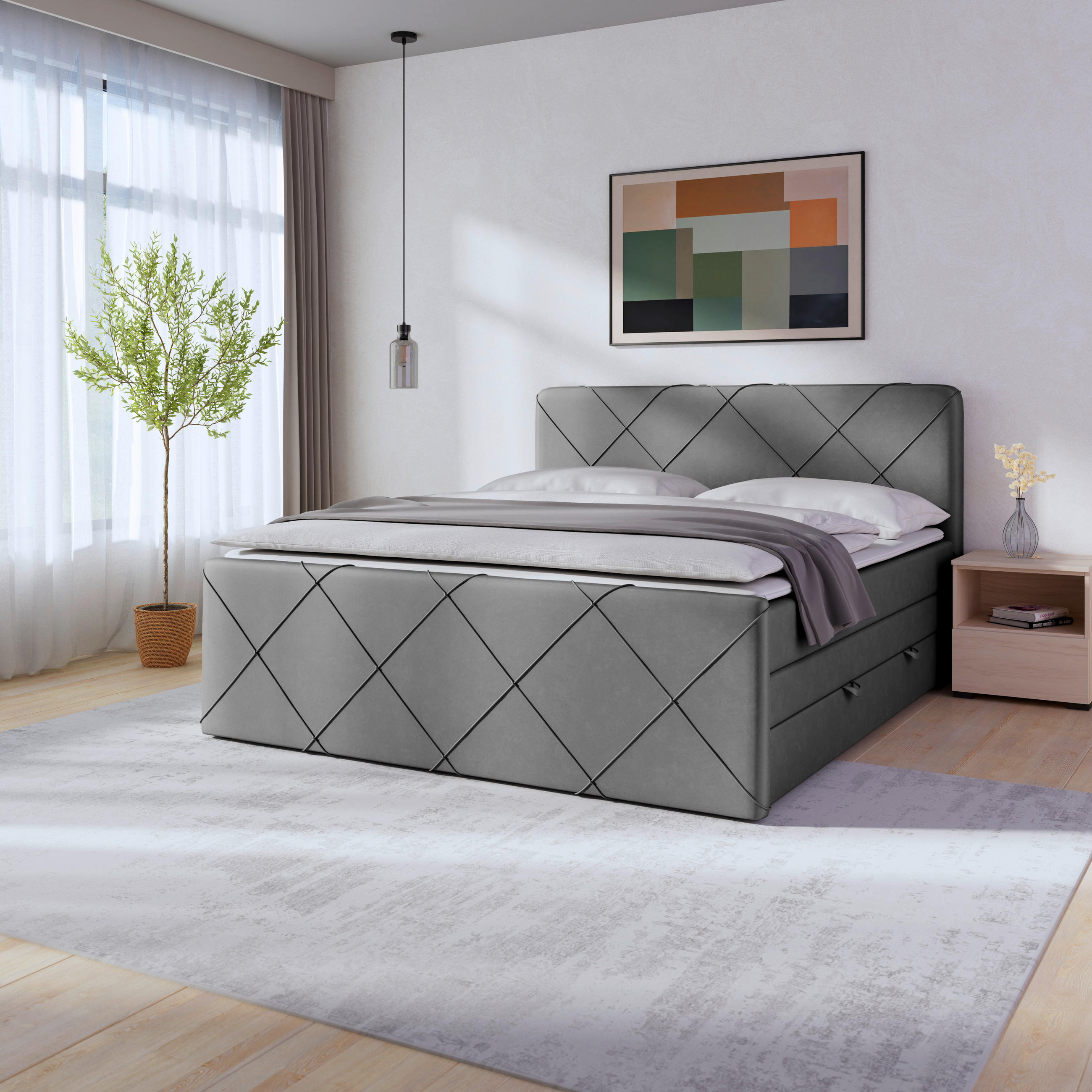 BOXSPRINGBETT 180/200 cm  in Hellgrau  - Hellgrau/Schwarz, MODERN, Karton/Holz (180/200cm) - MID.YOU