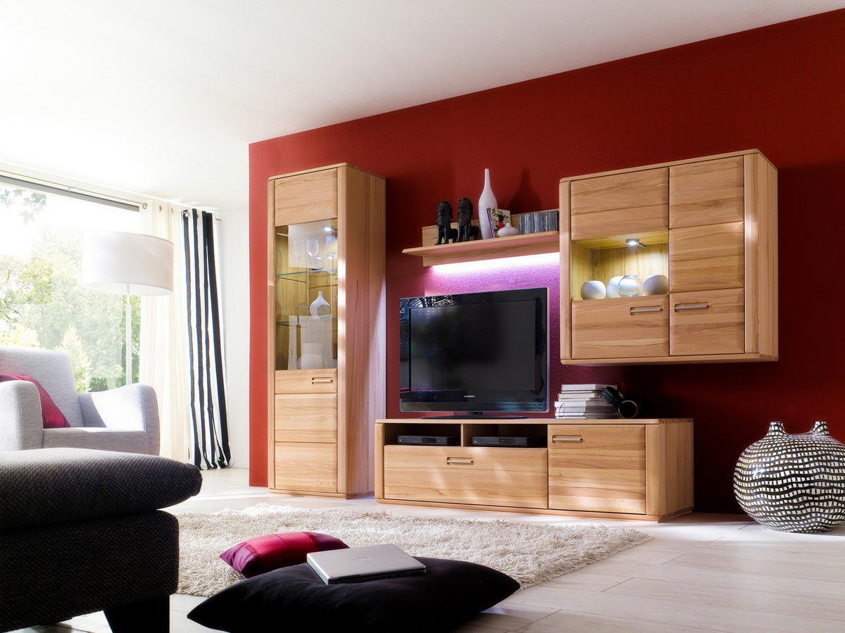 WOHNWAND La Paz  in Buchefarben  303/209/51 cm  - Silberfarben/Buchefarben, Design, Glas/Holz (303/209/51cm) - Livetastic