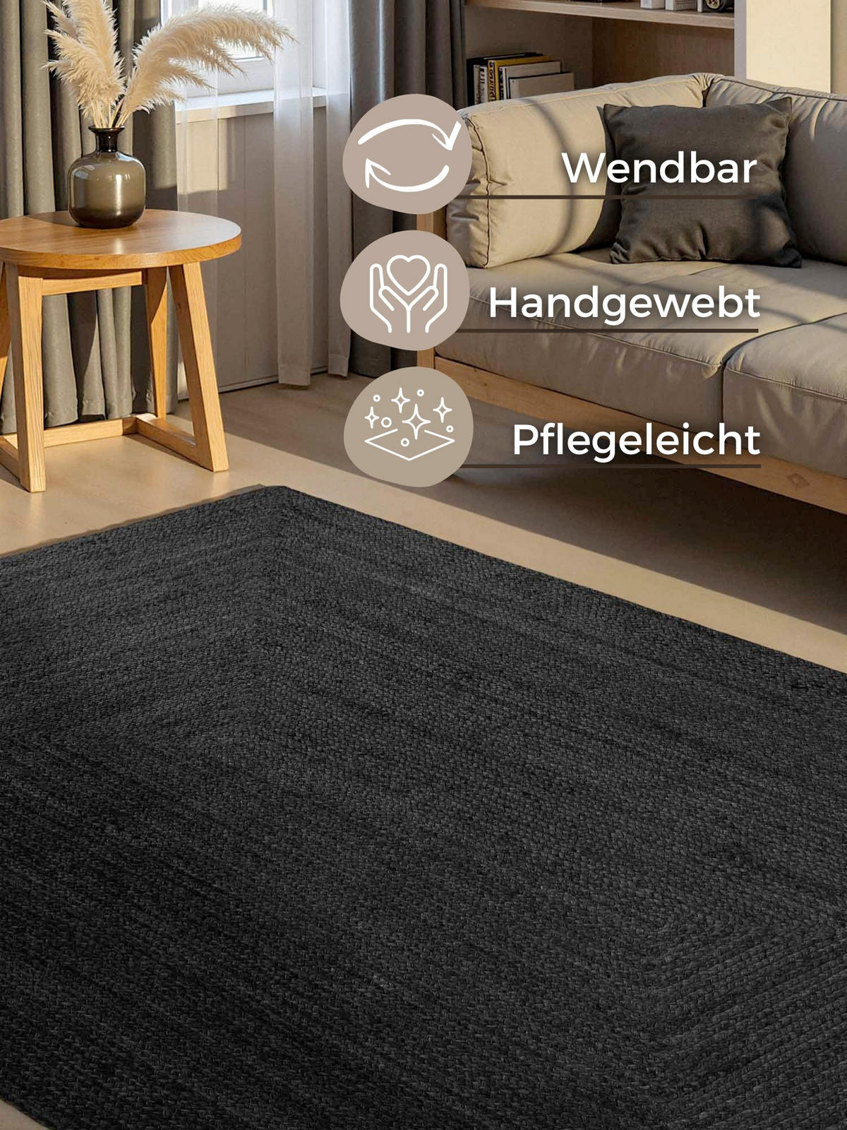 JUTETEPPICH 60/90 cm Juno Schwarz rechteckig  - Schwarz, Natur, Textil (60/90cm) - Hanse Home