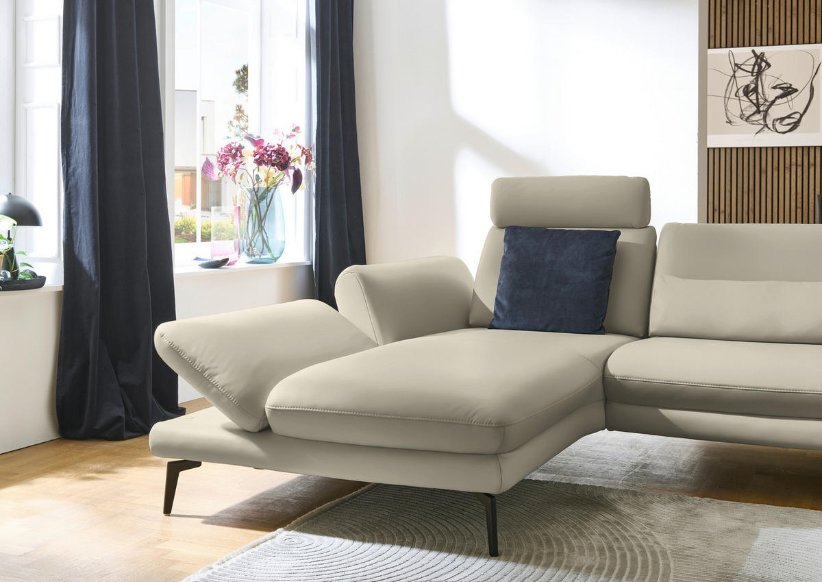 ECKSOFA in Echtleder Ecru  - Ecru/Schwarz, Design, Leder/Metall (195/308cm) - Dieter Knoll
